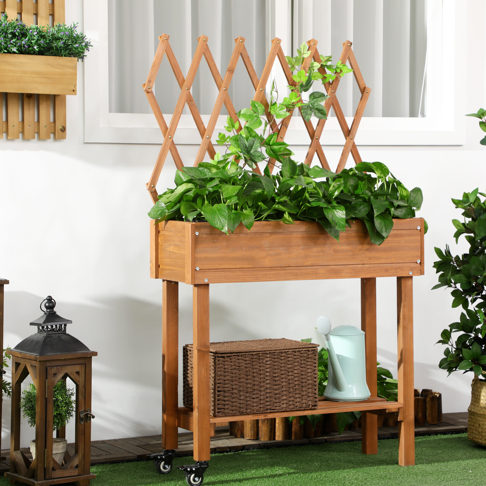 Outsunny Hochbeet, integriertes Spalier, Ablageregal, Räder, Massivholz, braun, 79 x 29 x 130 cm
