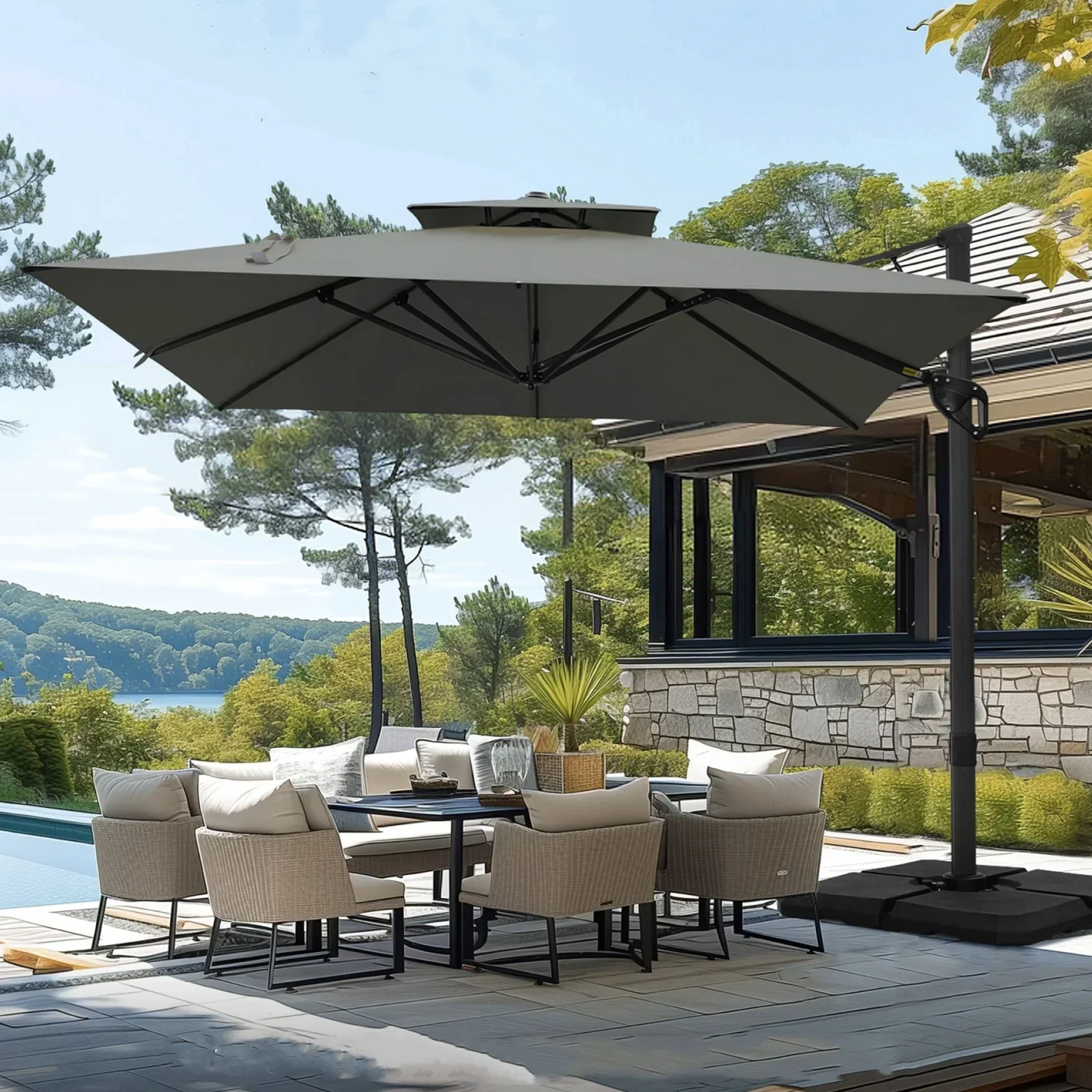 MAISON ARTS 12 FT Automatic Hydraulic Cantilever Umbrella Aluminum Pole 360 Degree Rotation