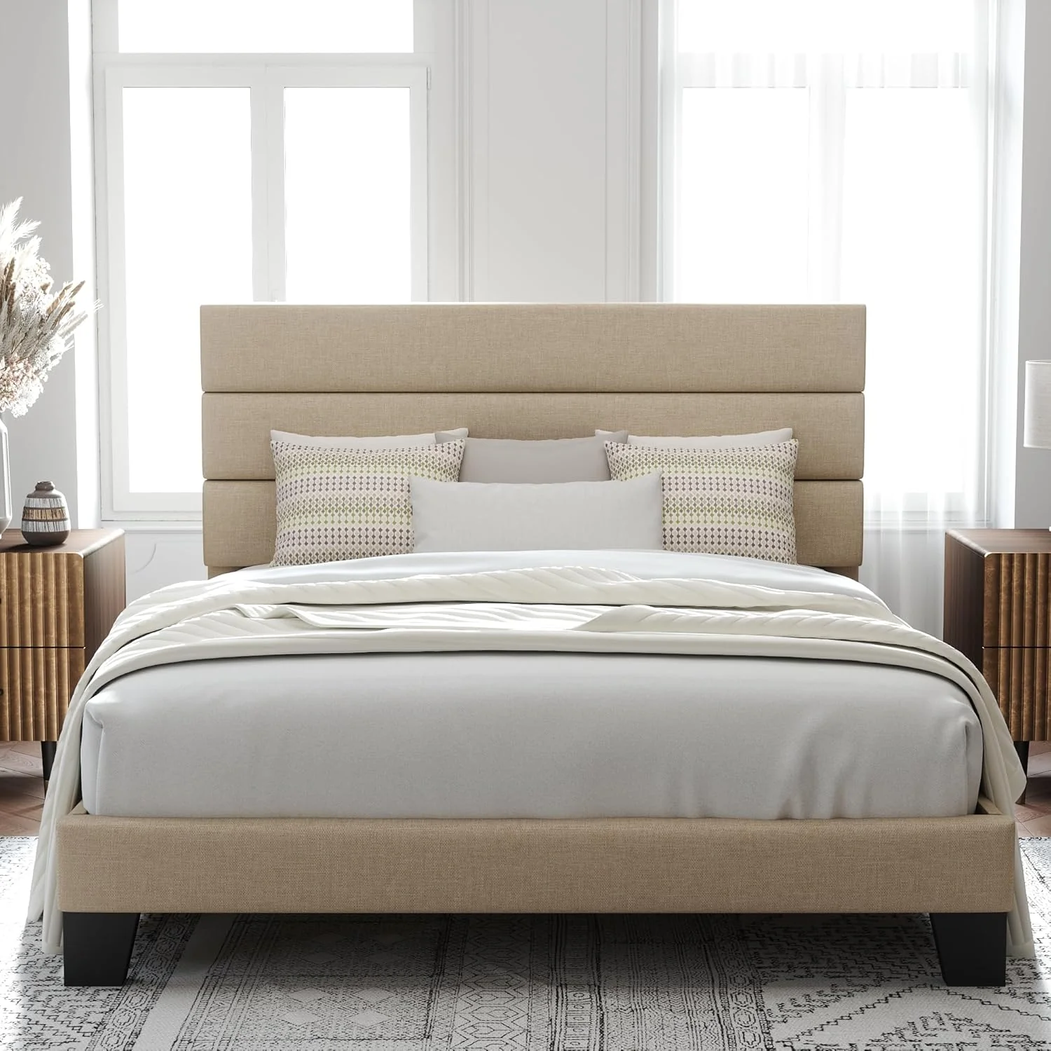 Allewie King Size Platform Bed Frame with Velvet Upholstered Headboard and Wooden Slats Support, Fully Upholstered Mattress Foundation/No Box Spring Needed/Easy Assembly, Black