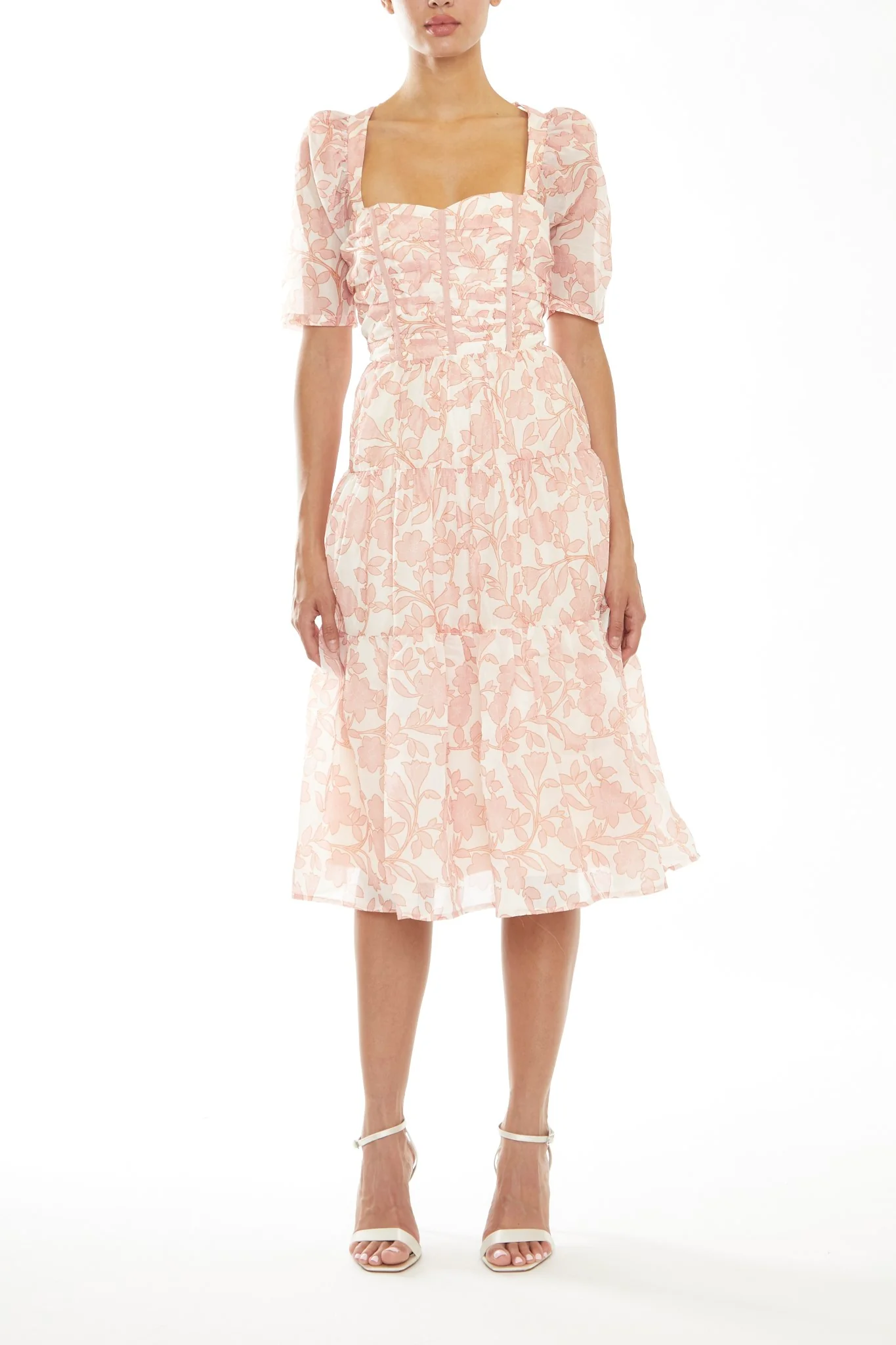 Zara Cream-Pink Outline Flower Tiered Lace-up Back Midi-Dress
