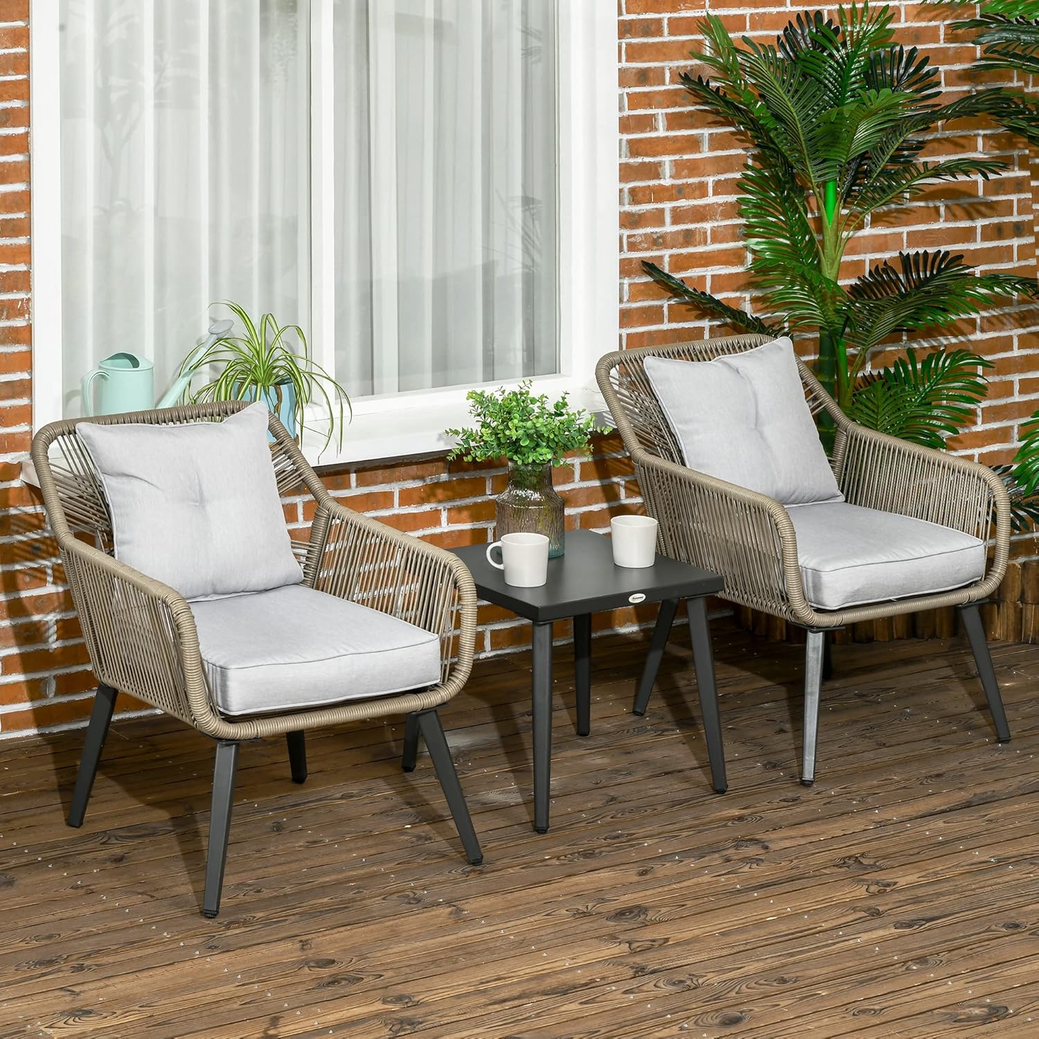 Outsunny 3-Piece Garden Table and Chairs Set in PE Rattan and Steel with 2 Modern Chairs and 1 Coffee Table, Grey