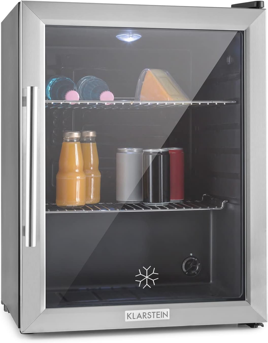 Klarstein Mini Koelkast met Glazen Deur voor Kamer, Drankenkoelkast met Verstelbare Planken, Klein 80 Liter, Indoor/Outdoor Koelkast Stil