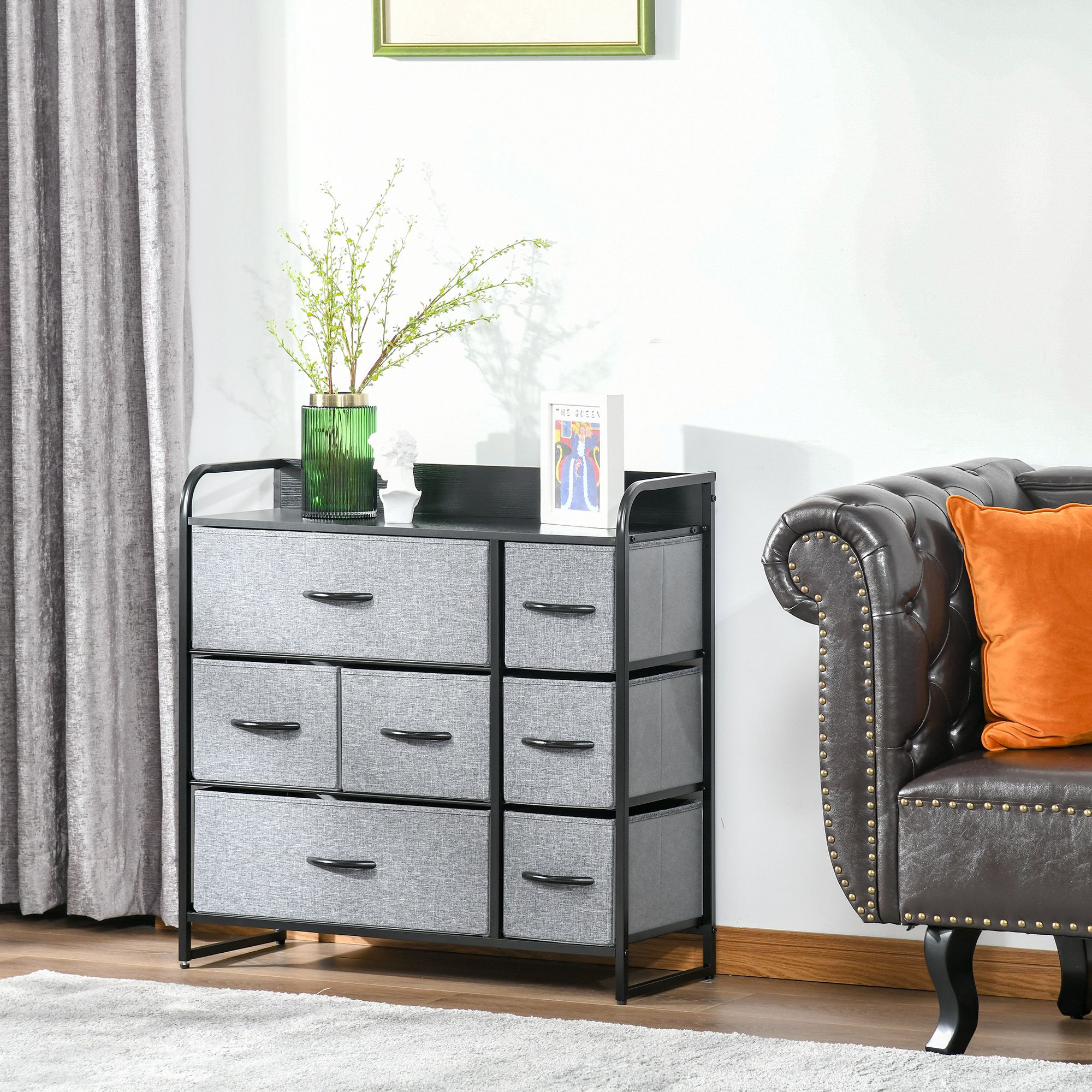 HOMCOM Kommode 7 Schubladen Aufbewahrungsmöbel Stoffschubladen Faltbarer - schwarzes Stahlgestell - 80L x 29B x 78,5H cm, Schwarz und Grau