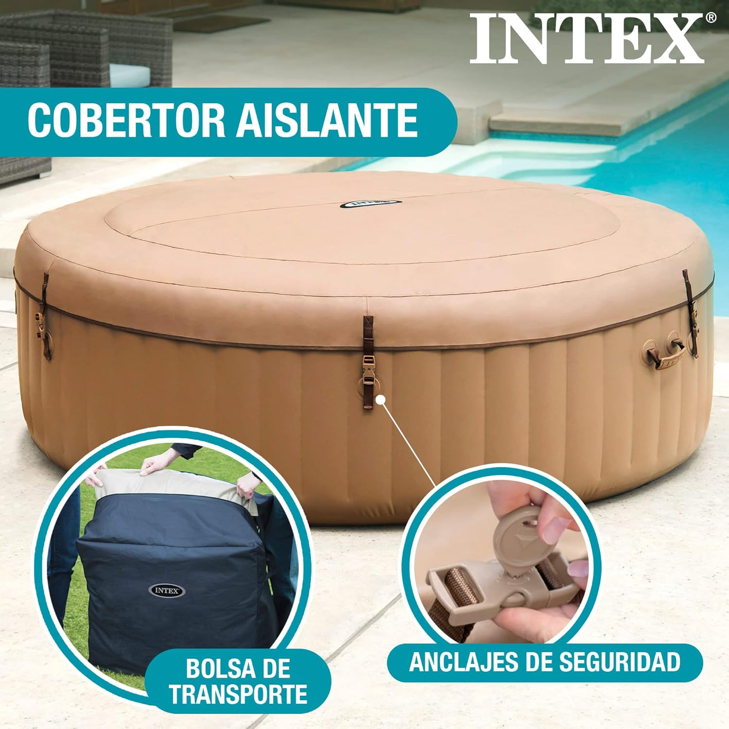 Intex 28428EX - PureSpa Vasca Idromassaggio Gonfiabile Bubble Massage, 6 posti, 140 Getti, Riscaldatore, PVC, Beige, 216x71 cm