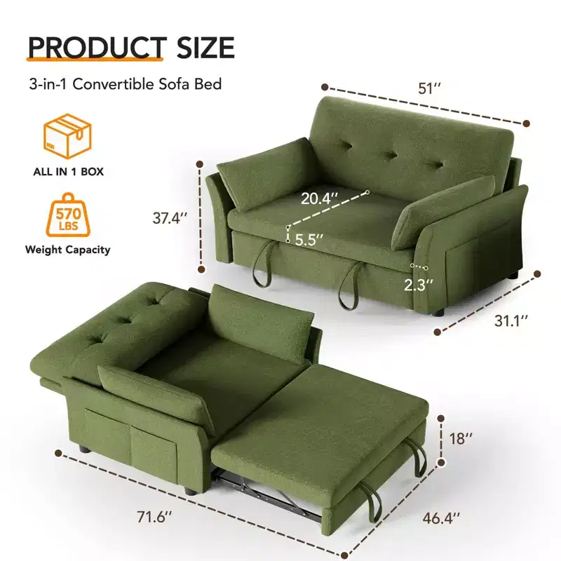 Chenille Sleeper Sofa Bed, Convertible Couch with Pull-Out Bed for Living Room