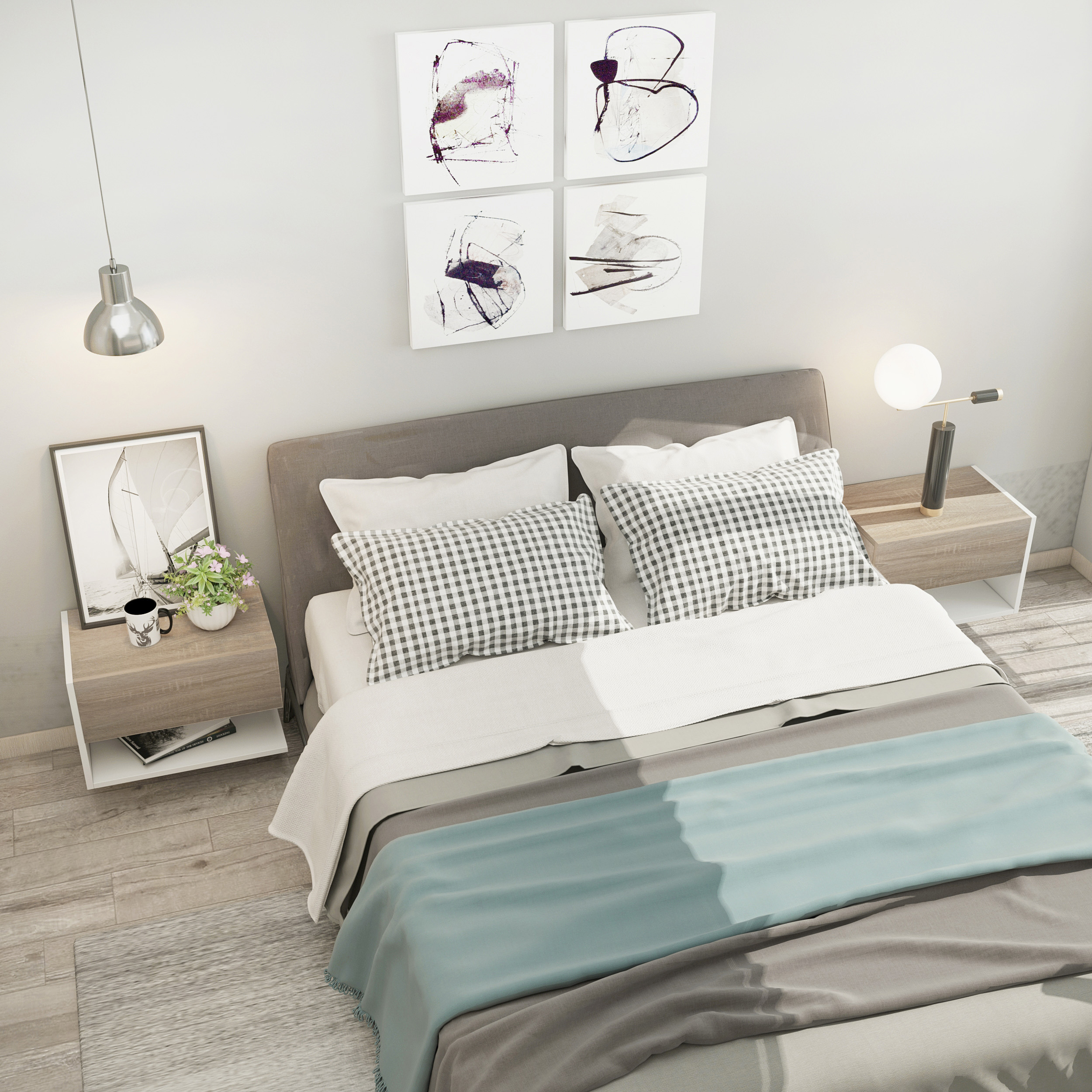 HOMCOM 2 tlg. Wandnachttische Nachttisch Wandschrank mit Schublade, Schlafzimmer Nachtkommode, Beistelltisch, Spanplatte, Eiche+Weiß, 46 x 30 x 30 cm