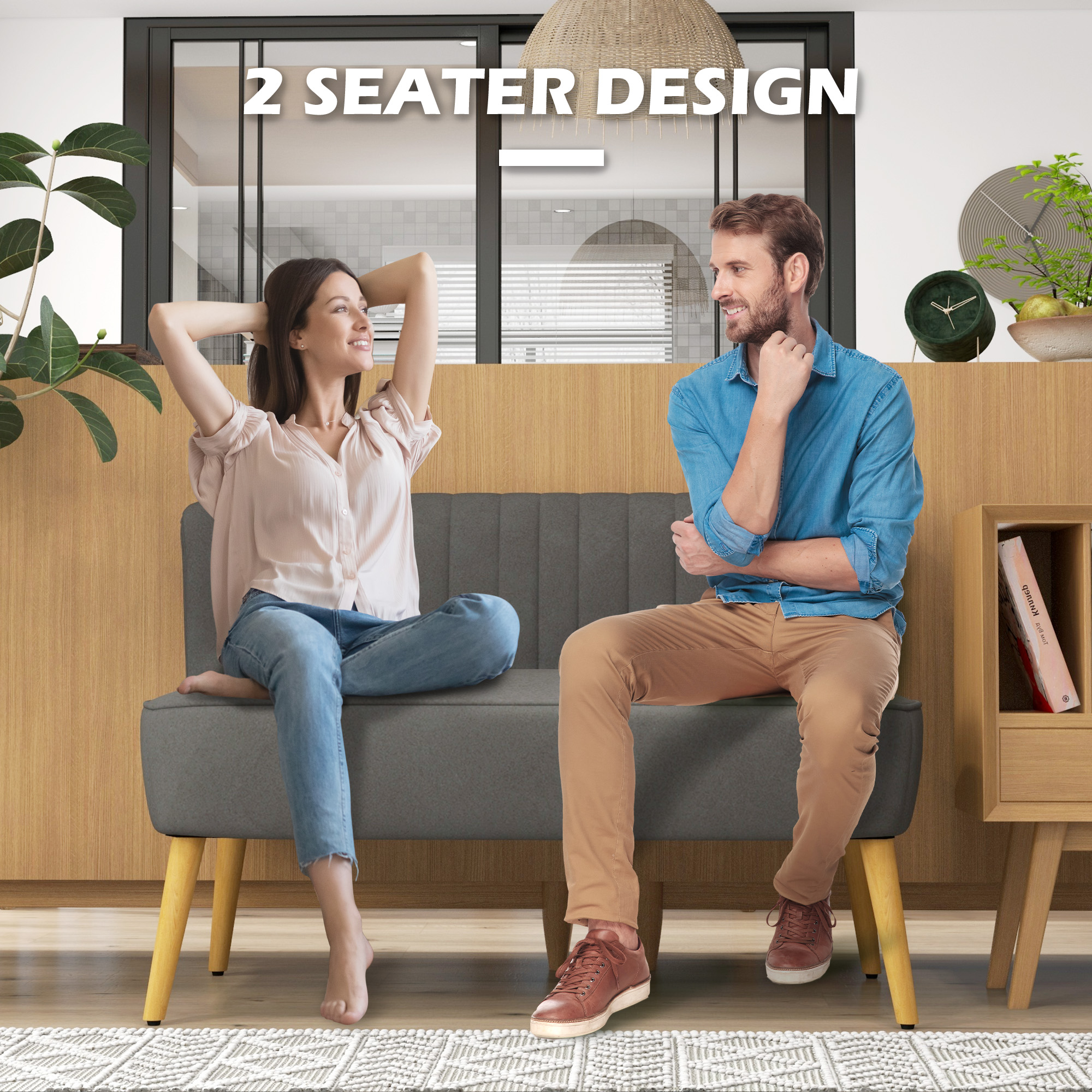Sofa Retrodesign 2-zitsbank, houten poten, 117 cm x 56,5 cm x 77 cm, Donkergrijs