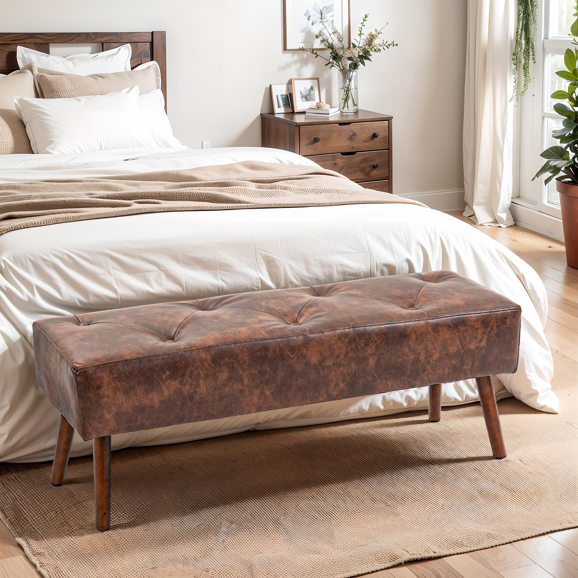 HOMCOM Bank Fußende Bank gepolstert im Vintage-Stil 114 x 38 x 42 cm Holzbank gealtertes Braun