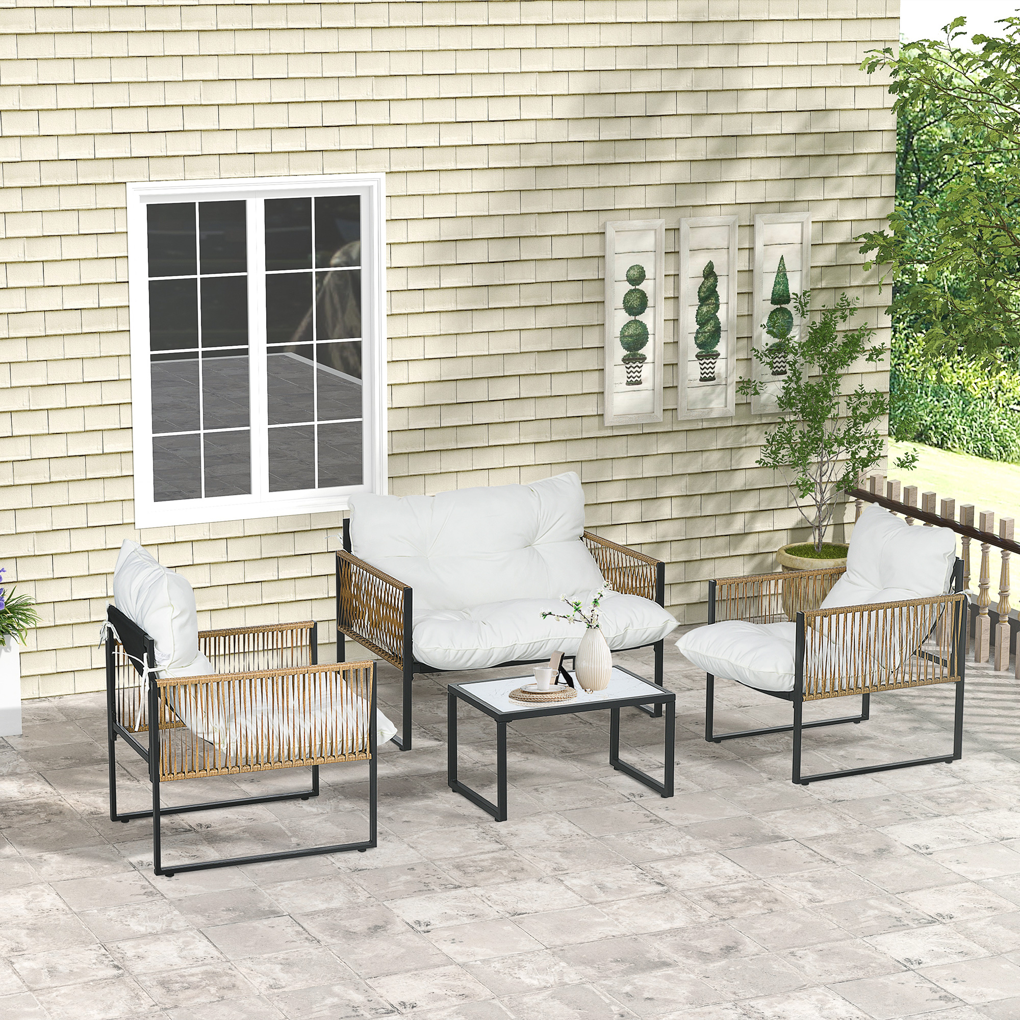 Outsunny Gartenmöbel-Set 4-teilig Sofa 2-Sitzer 2 Sessel und 1 Couchtisch mit gehärteter Glasplatte 3 Kissen - Creme