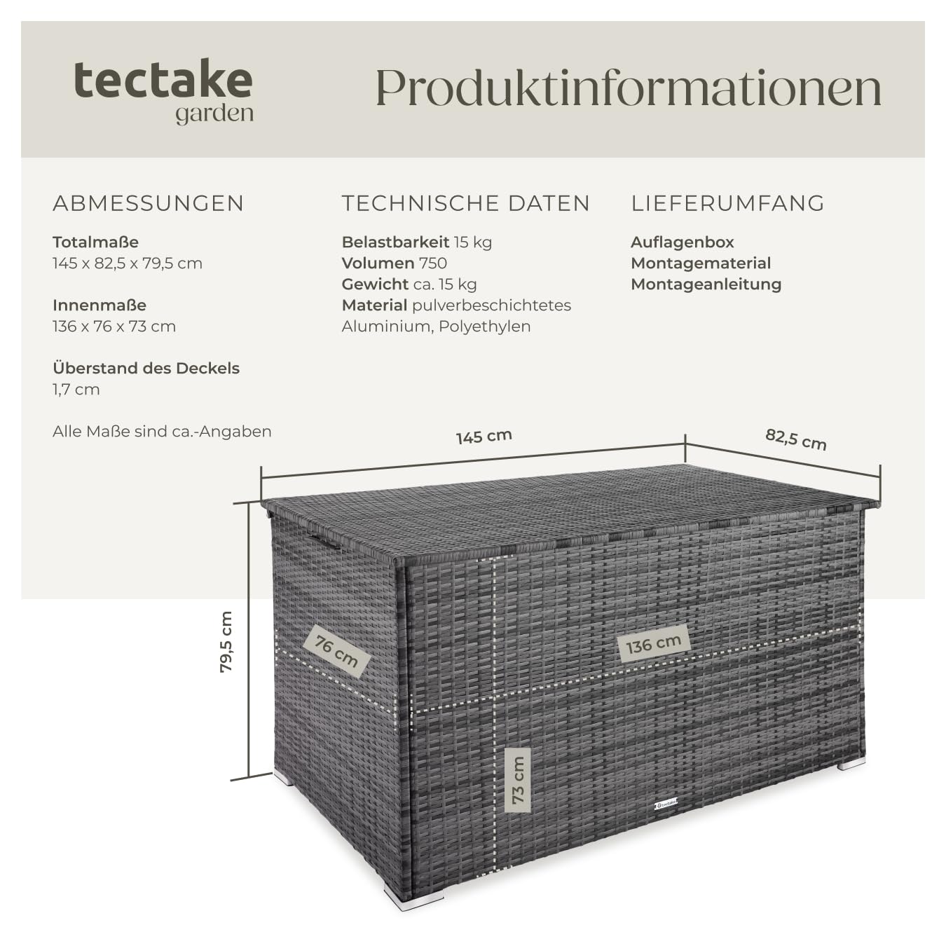 Aufbewahrungsbox Garten 750 L aus Aluminium und Polyrattan, grau, wetterfest mit Deckel und Gasdruckfedern, 145x82,5x79,5 cm