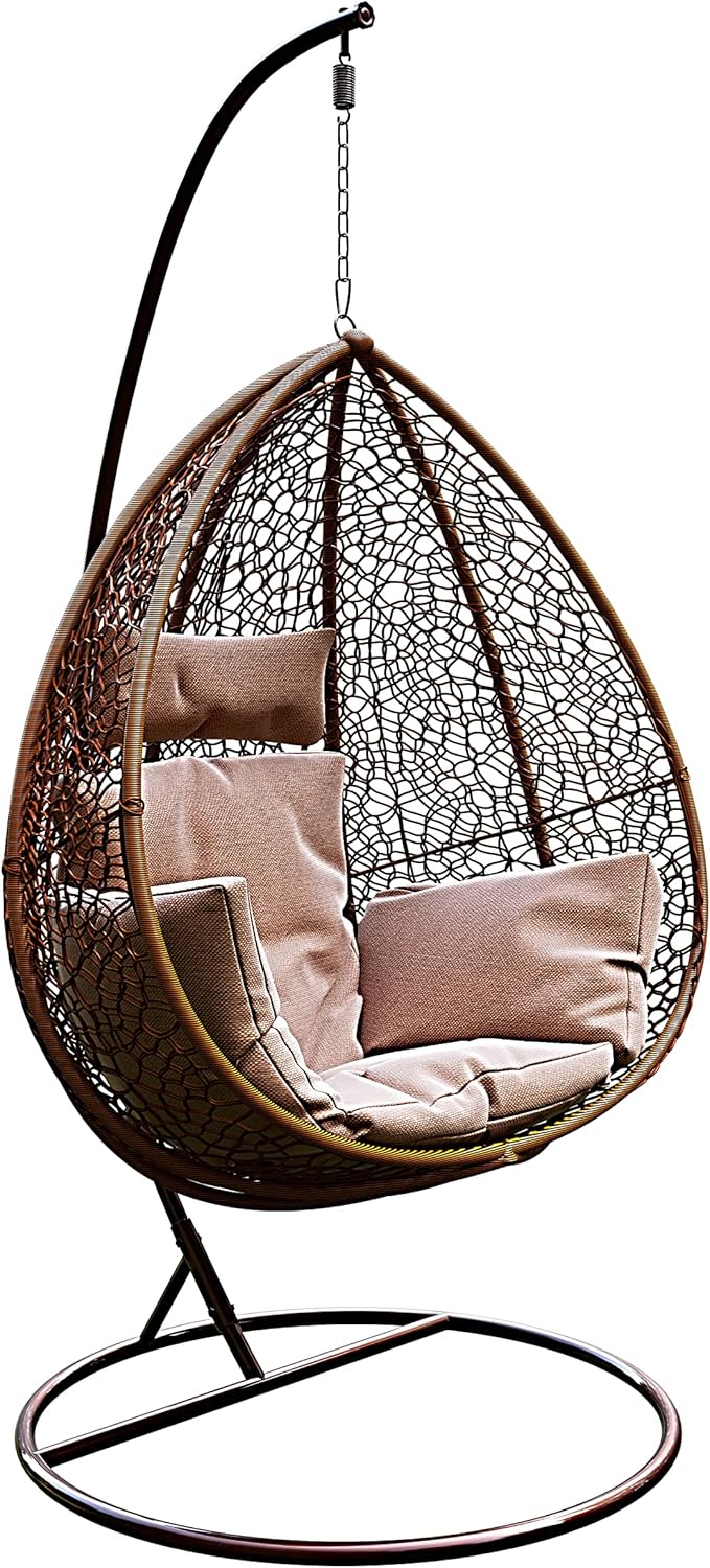 Poltrona Sospesa Pensile Sedia A Dondolo In Poly Rattan Per Interno Esterno Giardino Terrazzo Autoportante Con Struttura In Acciaio E Cuscini Sfoderabili Design Ovetto Portata 130 Kg Marrone