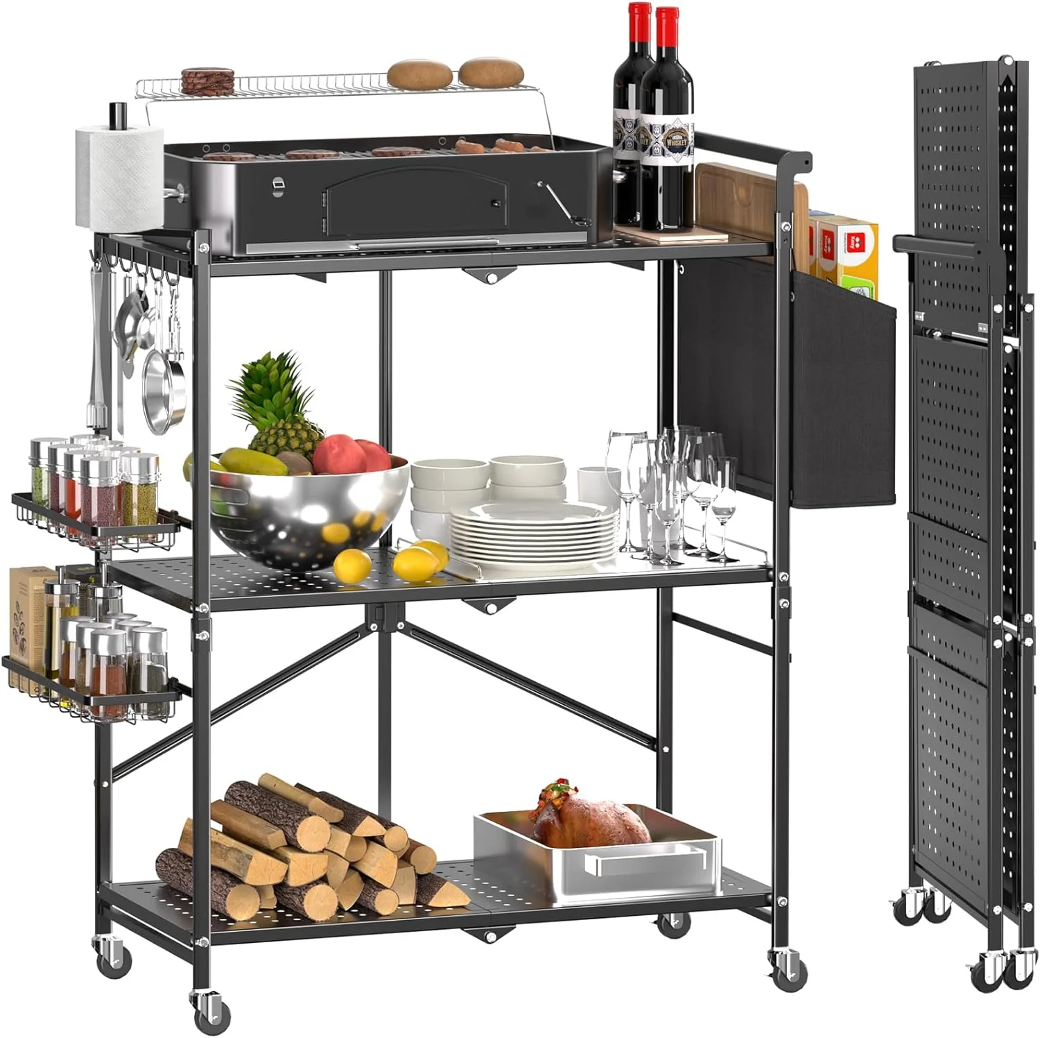 Durable 3-Tier Foldable Outdoor Grill Cart & Pizza Oven Stand Table – Rolling BBQ Table