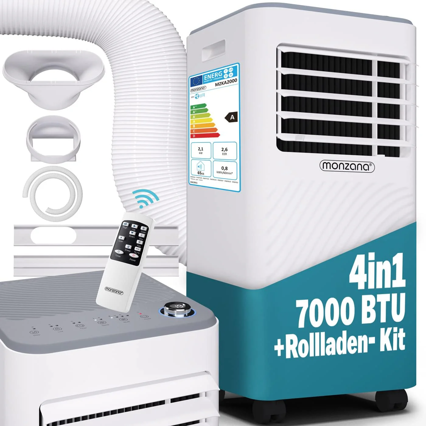 Monzana mobiele airconditioner MZKA2000 afvoerslang 7000BTU 3-in-1 750W 24h timer 25m2 afstandsbediening ontvochtiger rolluikkit airco