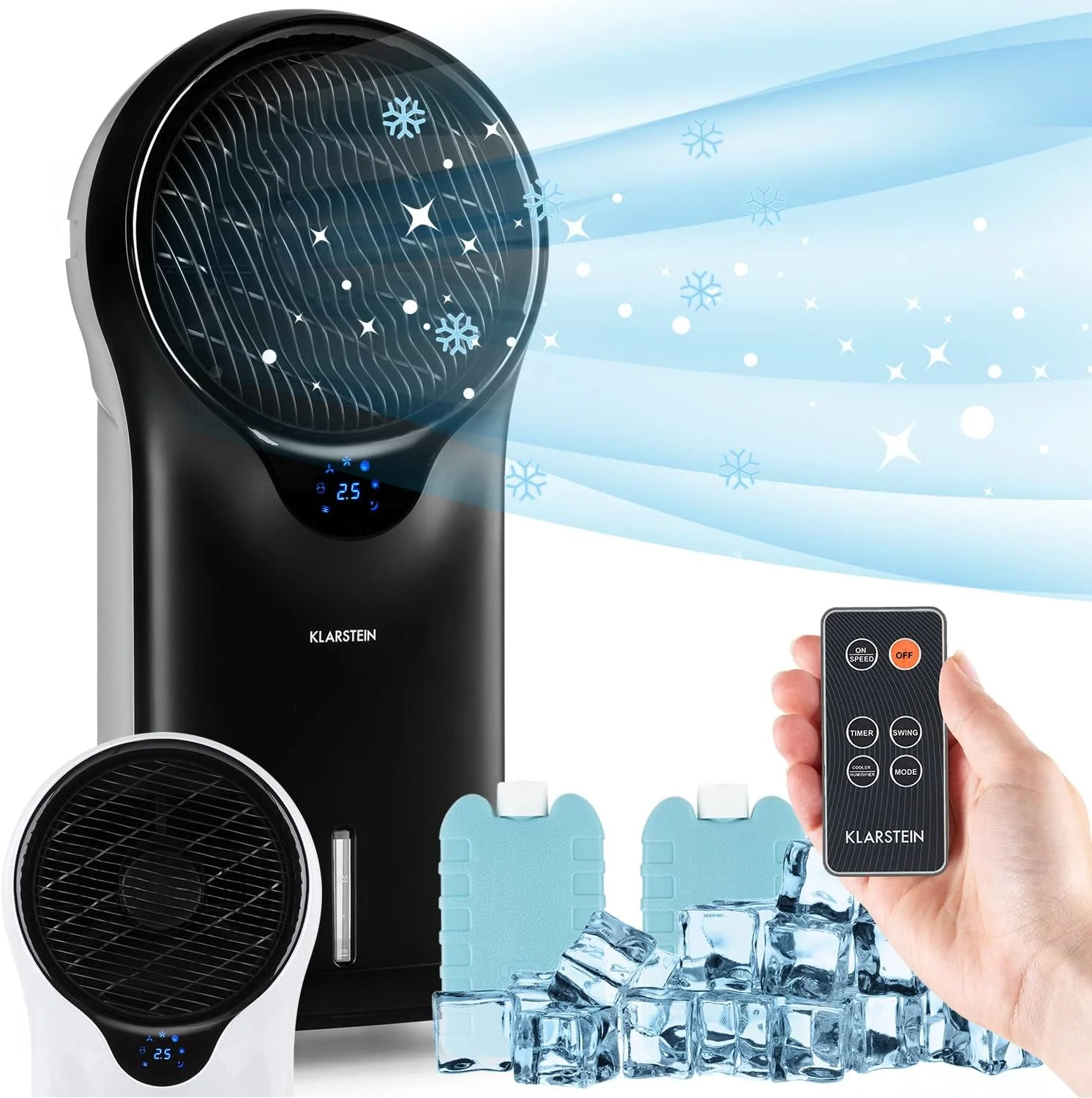 Klarstein Luchtkoeler met Waterkoeling, 3-in-1 Verdampingskoeler, Luchtbevochtiger & Ventilator, Mobiele Airconditioners Luchtkoeler met 5,5L Tank, 90W Air Cooler met Nachtmodus, 1600m3/u Luchtstroom