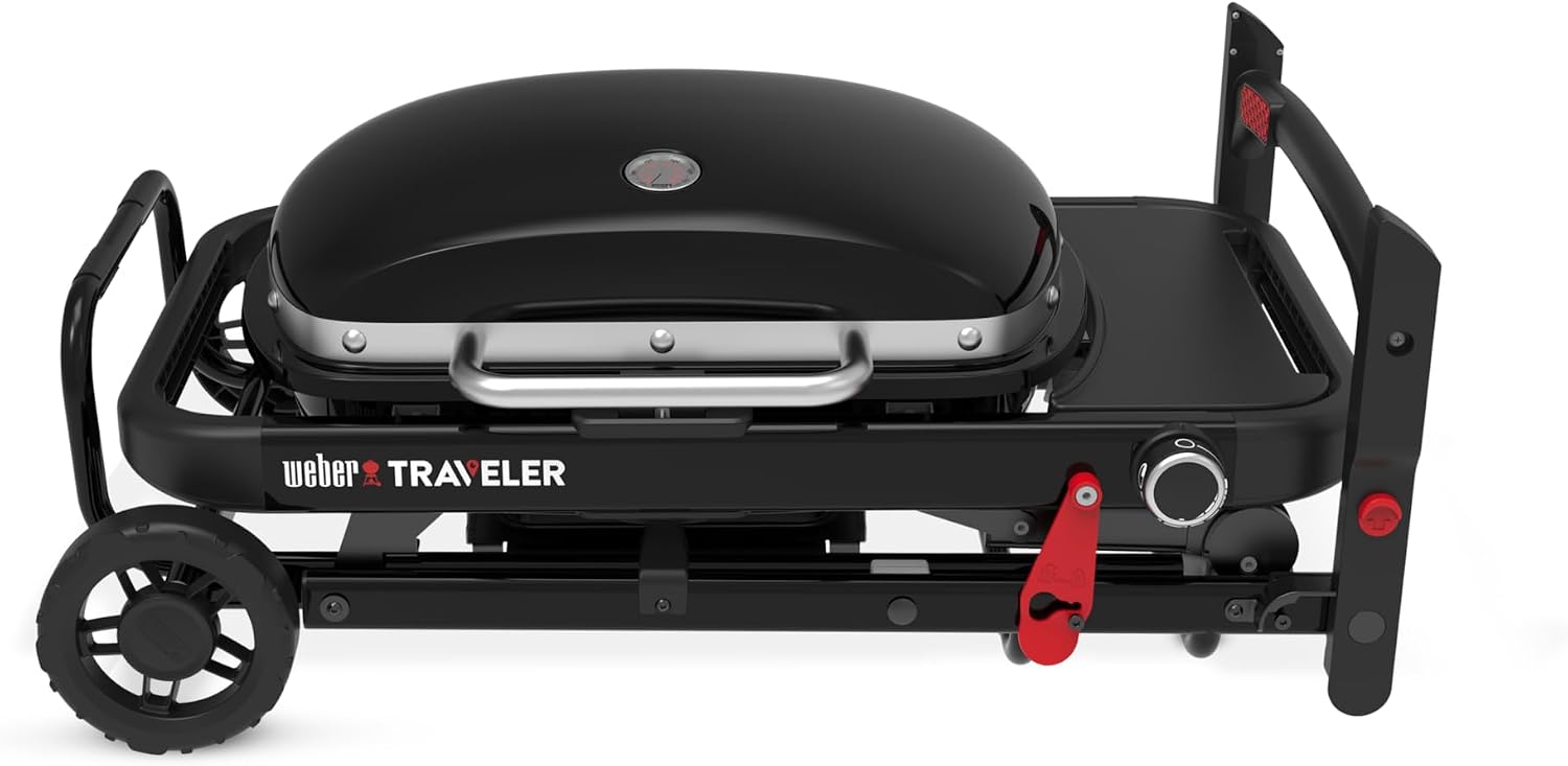 Weber Traveler Compact Gasgrill/Klappbarer und tragbarer Gasgrill mit Rädern, automatischer Deckelverriegelung und integriertem Thermometer, 1 Brenner, Grillfläche 52 x 36 cm, schwarz