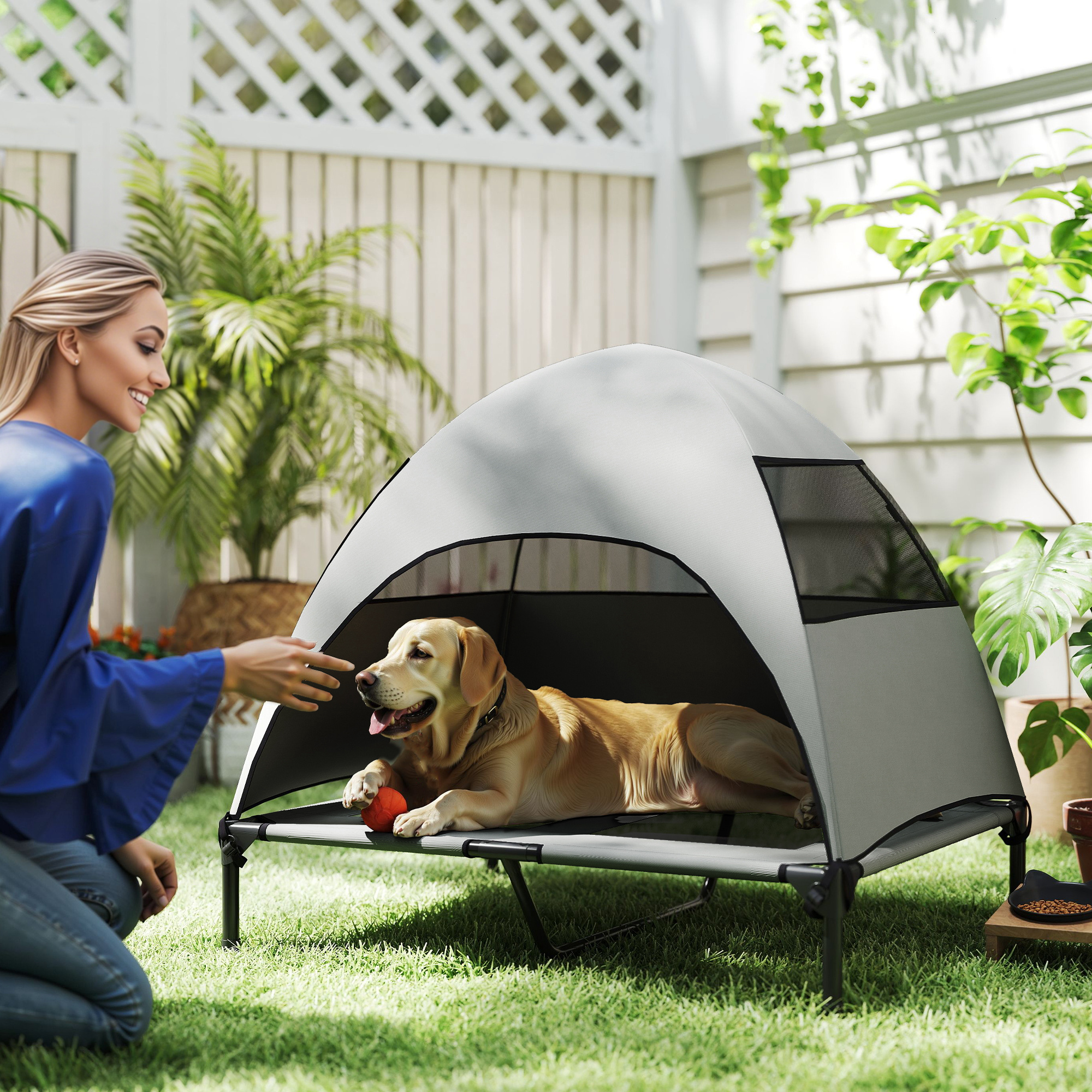 PawHut Hundeliege Outdoor mit Dach, Erhöhtes Hundebett für Große Hunde, 91 x 76 x 90 cm, Hellgrau