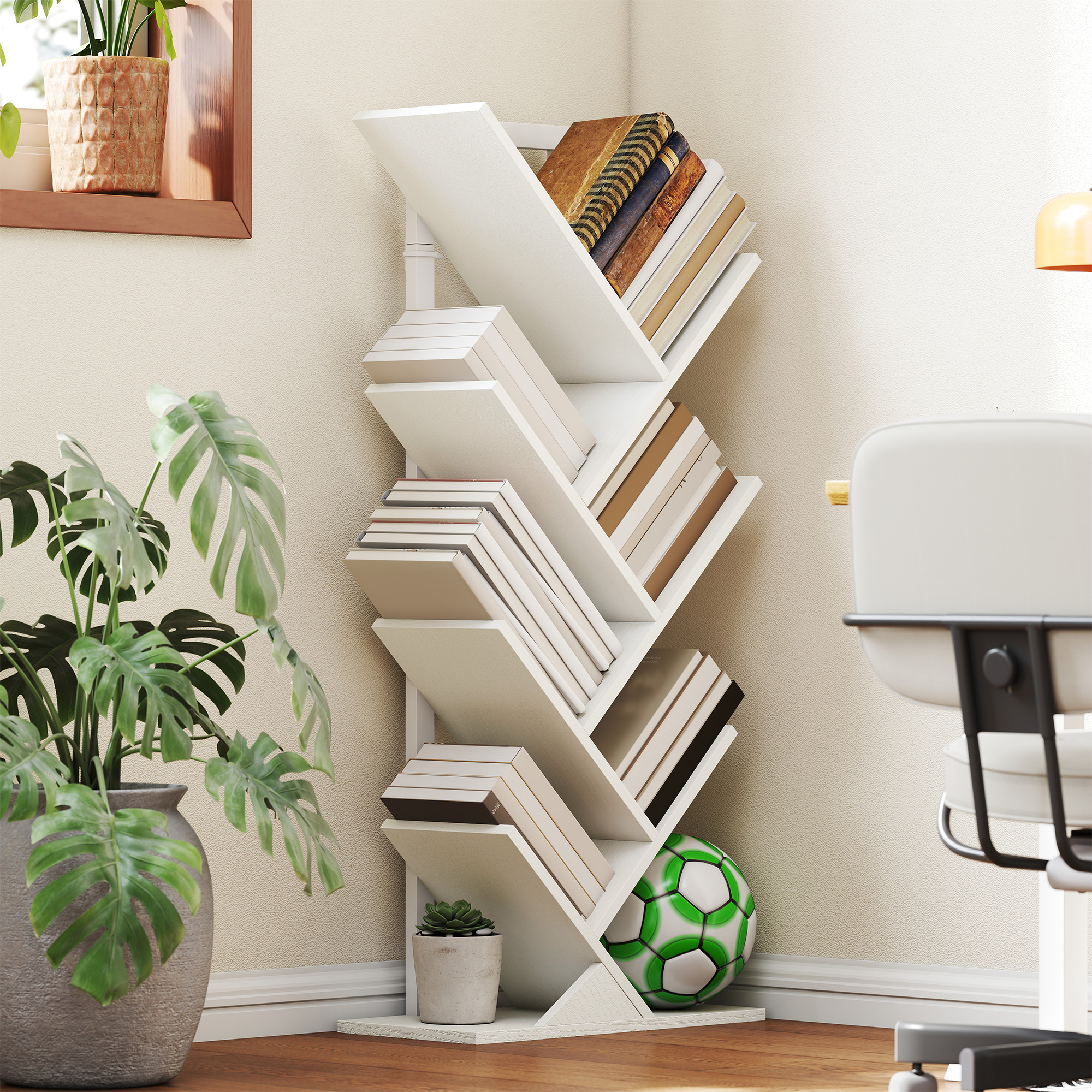 HOMCOM Baumförmiges Bücherregal mit 7 Regalen und kippsicherem System für Wohnzimmer Schlafzimmer 50x24x109 cm Weiß