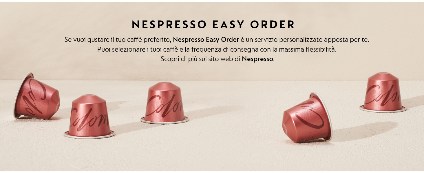 Immagini multiple che mostrano capsule di caffè Nespresso rosse disposte in diverse configurazioni su uno sfondo bianco.