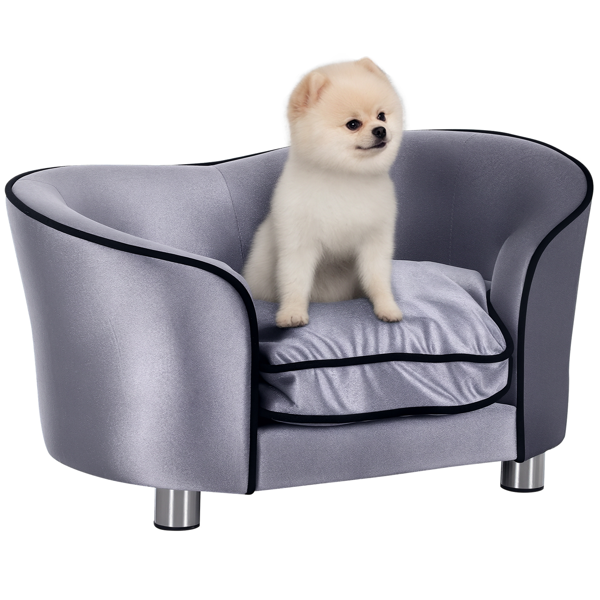 PawHut Hundesofa, Hundebett, waschbares Sitzkissen, Plüschbezug, Naturholzrahmen, hellgrau, 69 x 49 x 38cm