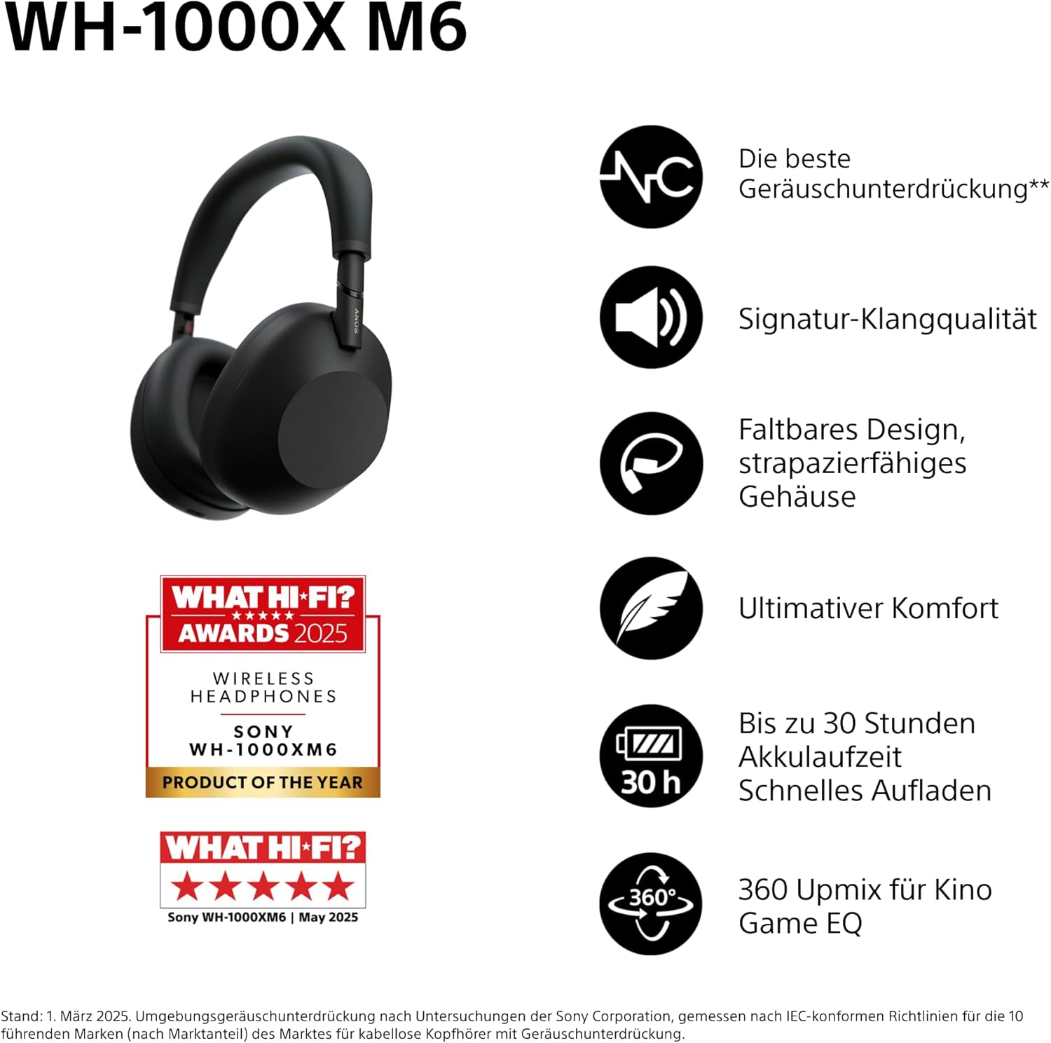 WH-1000XM6 Flagship Noise Cancelling Over-Ear Wireless Kopfhörer, Signature Hi-Res Sound, ultimativer Komfort, faltbarem Design, strapazierfähige Tasche, 30 Std-Akku, iOS & Android - Schwarz