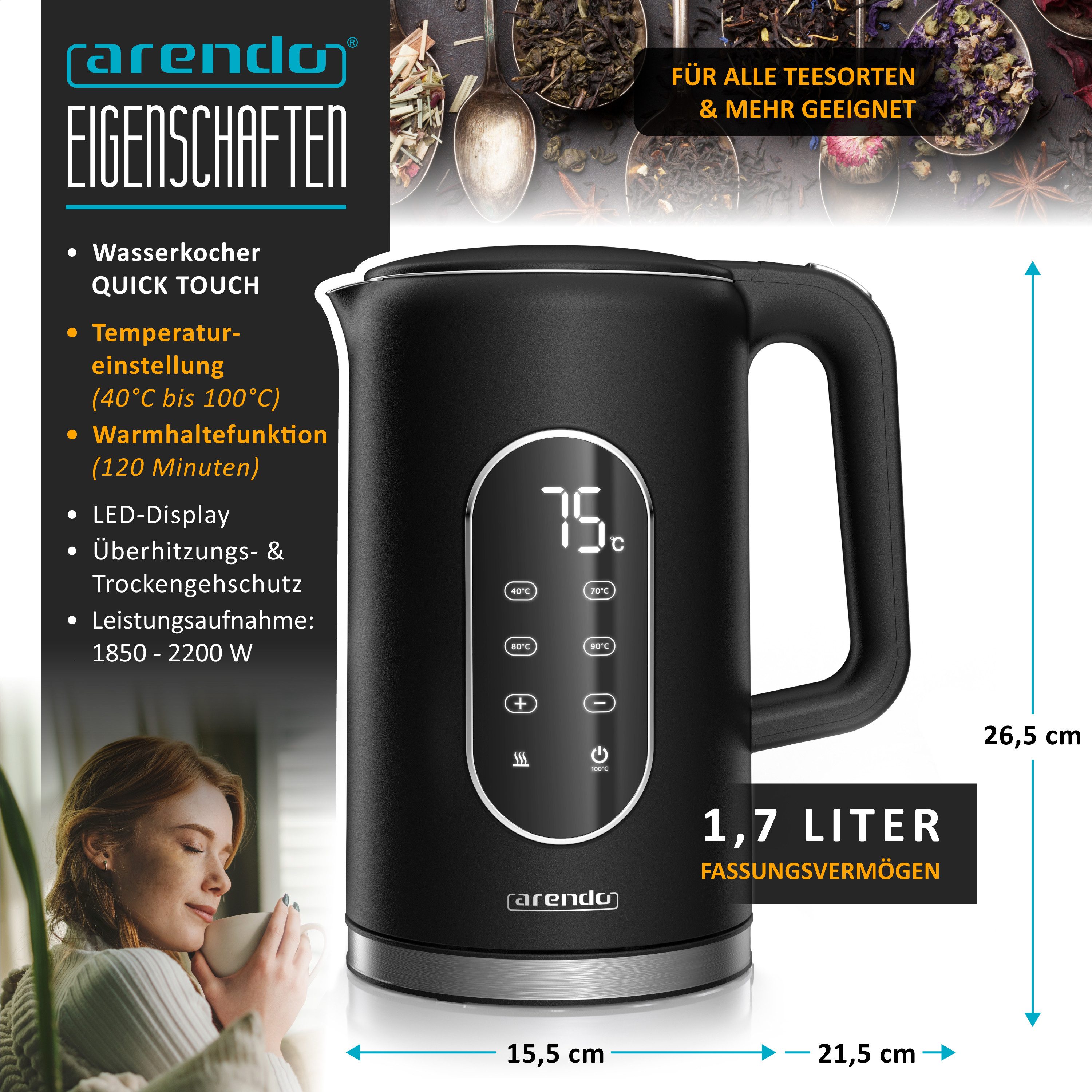 Wasserkocher aus Edelstahl, Temperatureinstellung 40°-100°C mit Anzeige, Teekocher