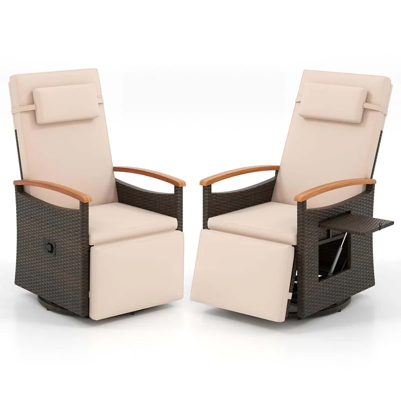Outdoor Rattan 360�� Swivel Recliner Chair, Patio Wicker Chaise Lounge Chair with Adjustable Backrest & Footrest, Flip Side Table & Cushions