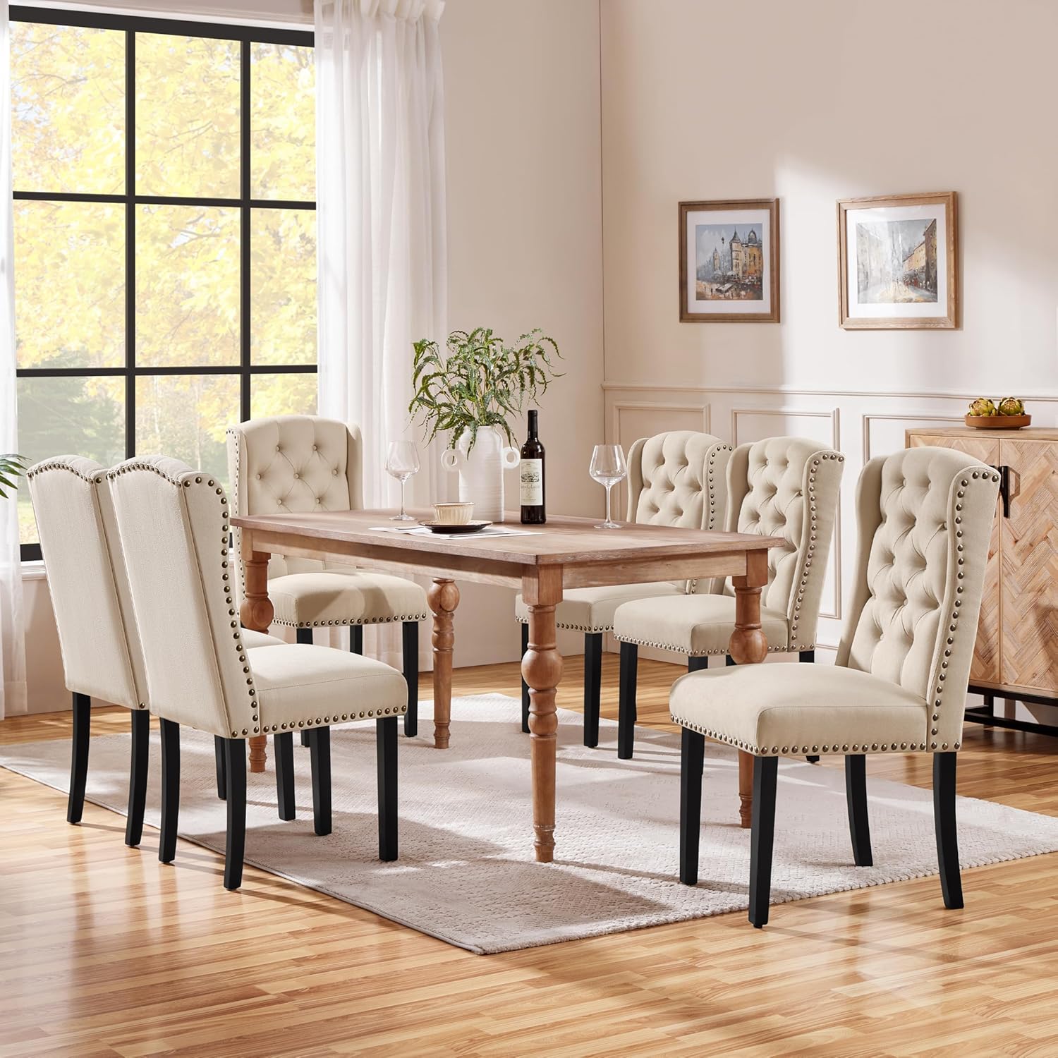 Yaheetech Set 6 Sedie Sala da Pranzo Tessuto Imbottite Eleganti Gambe in Legno Massello Schienale Alto con Bottoni Portata 140 KG Beige