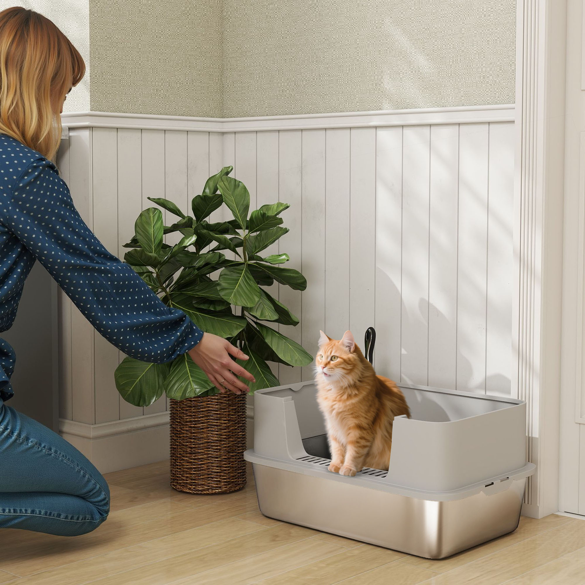 PawHut Katzenklo aus Edelstahl XL mit hohem Rand und Schaufel Leicht zu reinigen Auslaufsicher 60x40x29,5 cm Grau