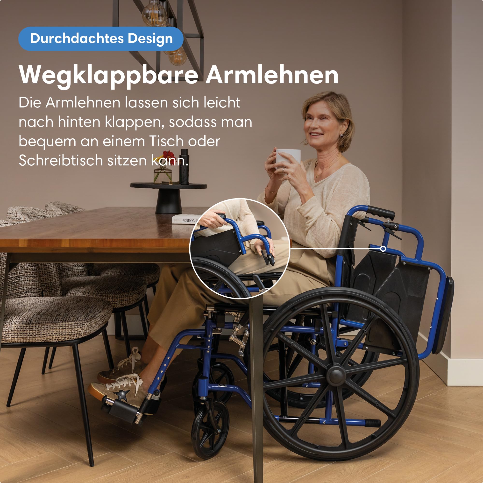 Faltbarer Rollstuhl, leicht mit 18,6 kg und 32 cm Faltbreite, Sitzbreite 46 cm, bis 136 kg, pannensichere PU-Reifen