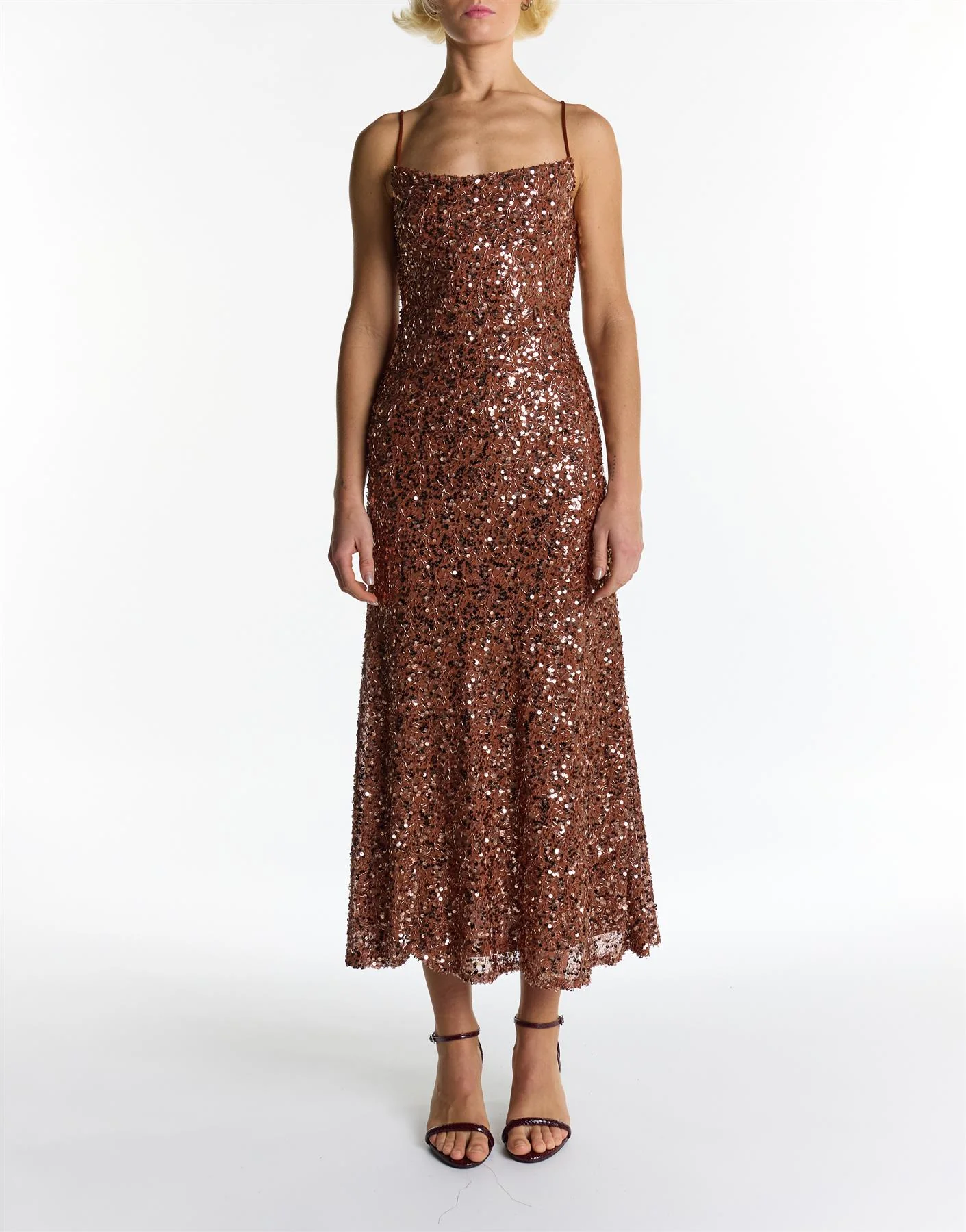 Frankie Mocha Tan Sequin Bias Cut Midi Dress