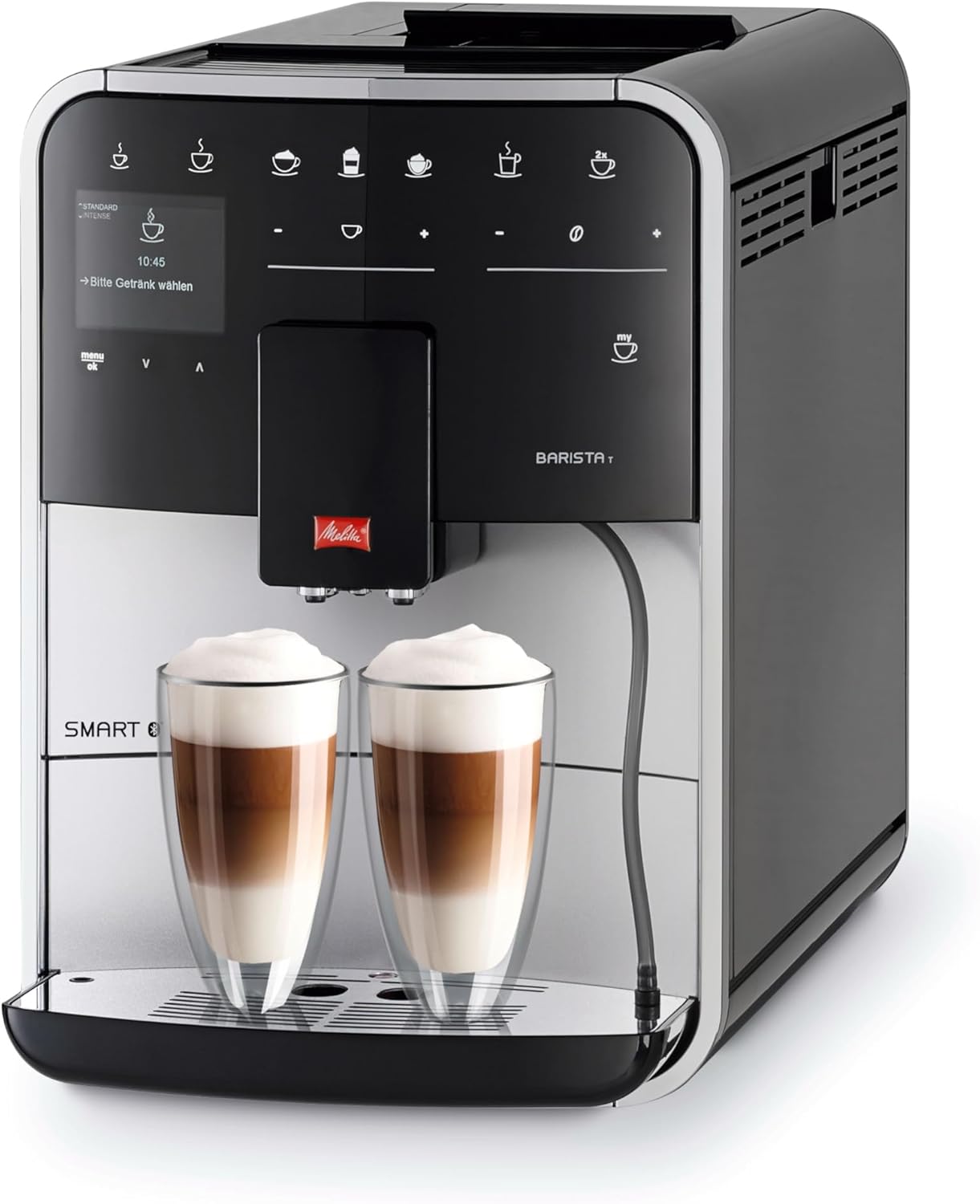 Melitta Barista T Smart - Kaffeevollautomat mit Milchsystem, Kaffeemaschine mit Mahlwerk, für z. B. Cappuccino oder Espresso, App Steuerung möglich, schwarz/silber