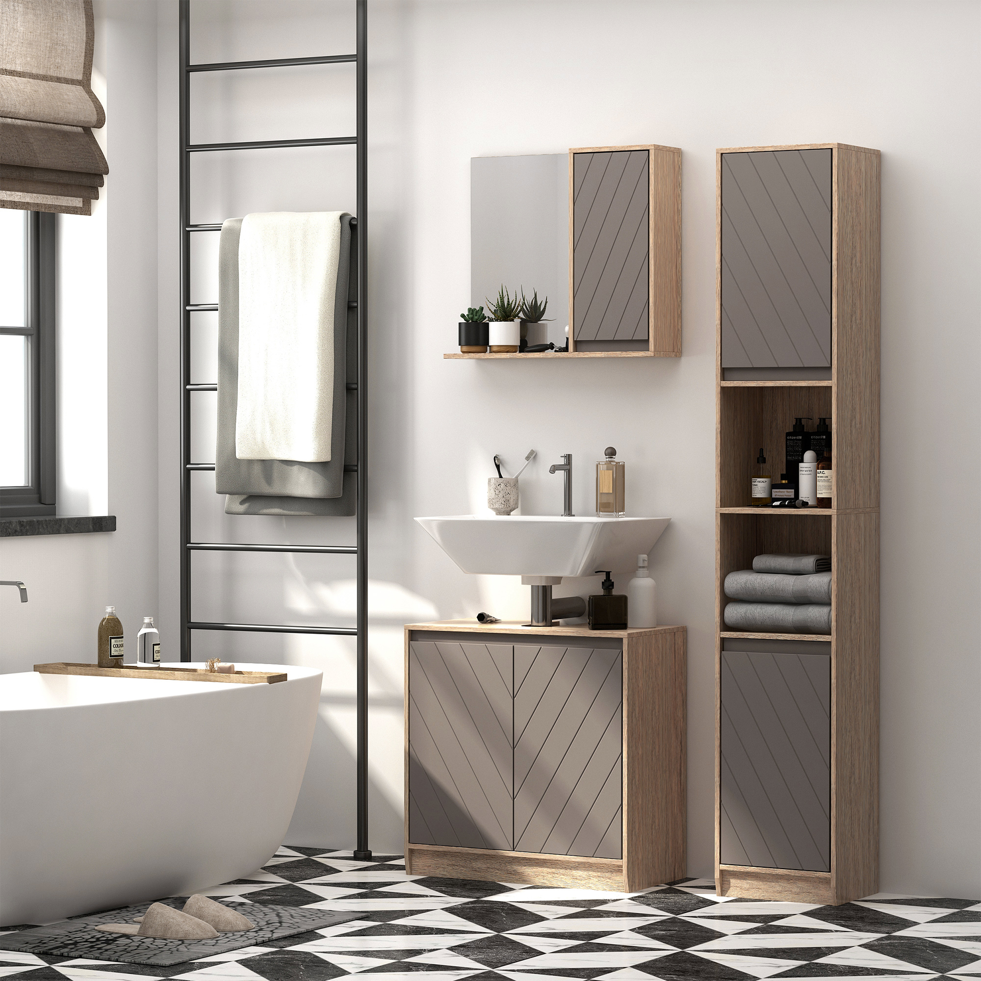 HOMCOM Spiegelschrank Badschrank Hängeschrank Badmöbel Wandschrank Mehrzweckschrank, Spanplatte+MDF, Grau+ Natur,57 x 14,2 x 49,2 cm