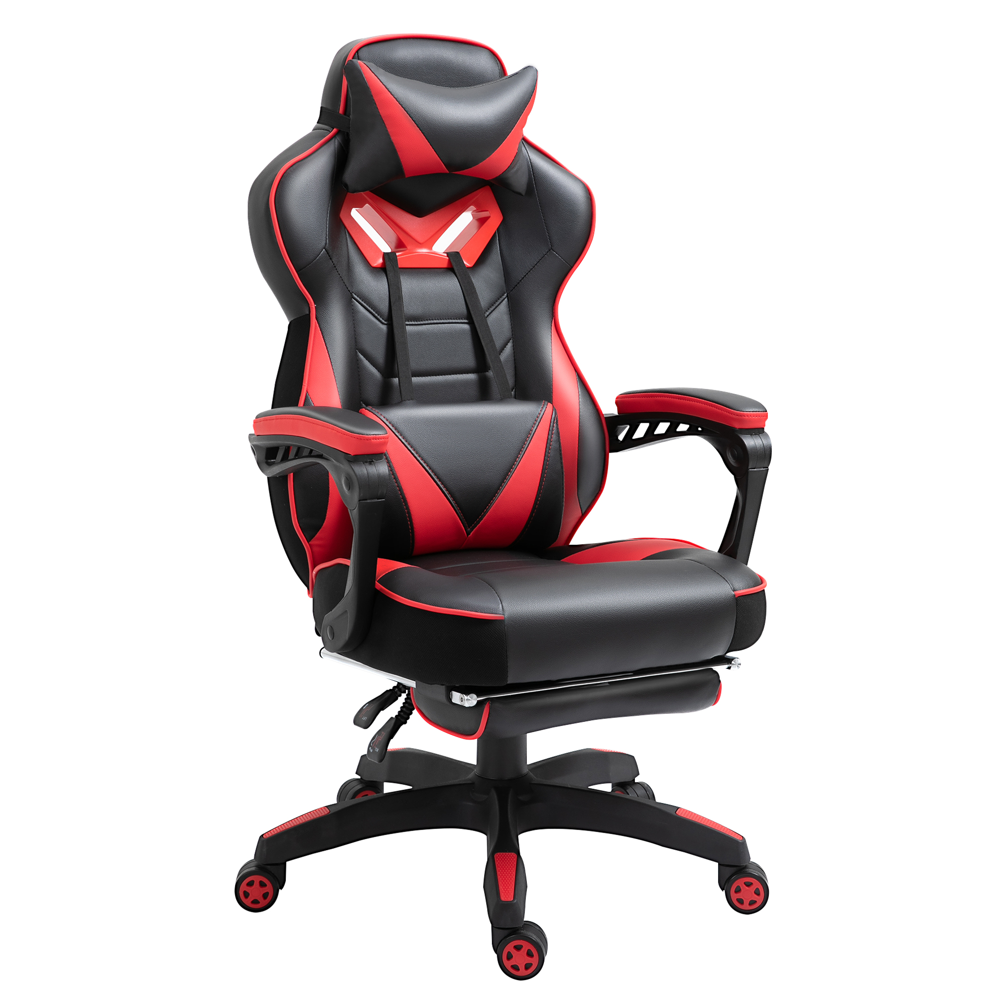 Vinsetto Ergonomischer Bürostuhl, Gaming Stuhl, Drehstuhl mit einziehbare Fußstütze und verstellbarer Rücken Schaumstoff+PU-Leder+Metall, Schwarz+Rot, 65 x 70 x 118,5-128,5 cm