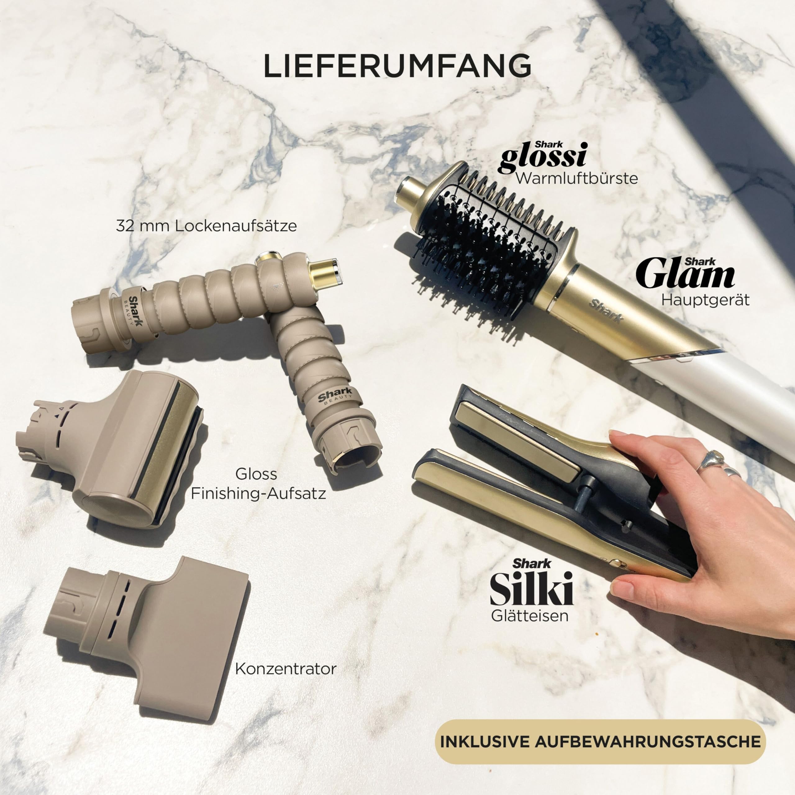 Multistyler und Haartrockner für glatte Haare, Wellen und Locken mit 5 Aufsätzen, 1500 Watt, Keramik, Gold
