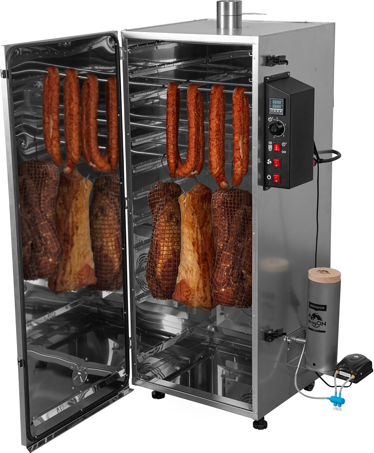 BROWIN dragON Räucherofen | Elektrisch | Stahl | 1500W | 220L Fassungsvermögen | 50x51x125cm | 49,1kg | Digitale Steuerung | Räucherset | 330350
