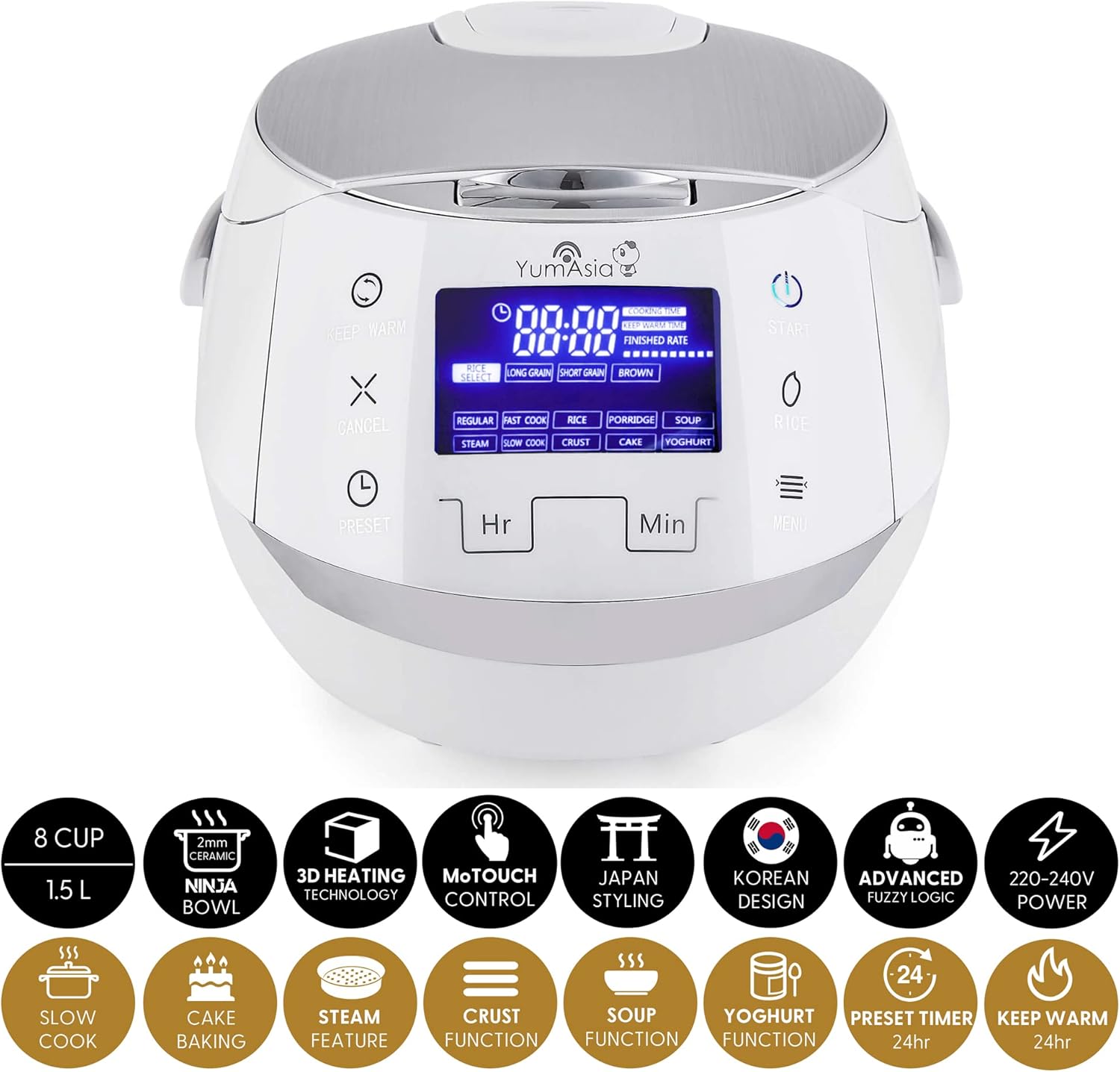 Yum Asia Sakura Reiskocher mit Keramikschale und Advanced Fuzzy Logic (8 Tassen, 1,5 Liter), 6 Reiskochfunktionen, 6 Multikocherfunktionen, Motouch LED-Display, 220-240V EU (schwarz und silber)
