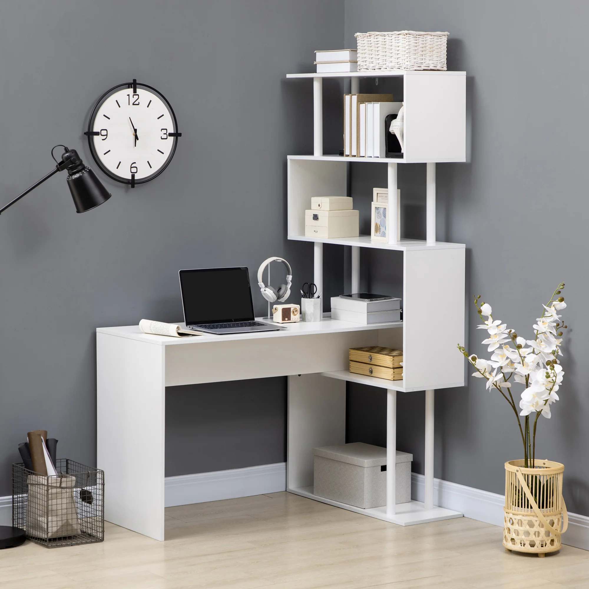 Easycomfort Scrivania Angolare Moderna in Truciolato per Ufficio e Studio con Ripiano a 4 Livelli, 120x80x176 cm, Bianco