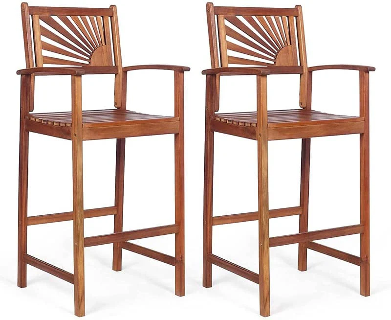 2 Pack Acacia Wood Bar Stools Outdoor Patio Bar Chairs With Sunflower Backrest Amp Curved Armrests - Comfortable And Ergonomic Design