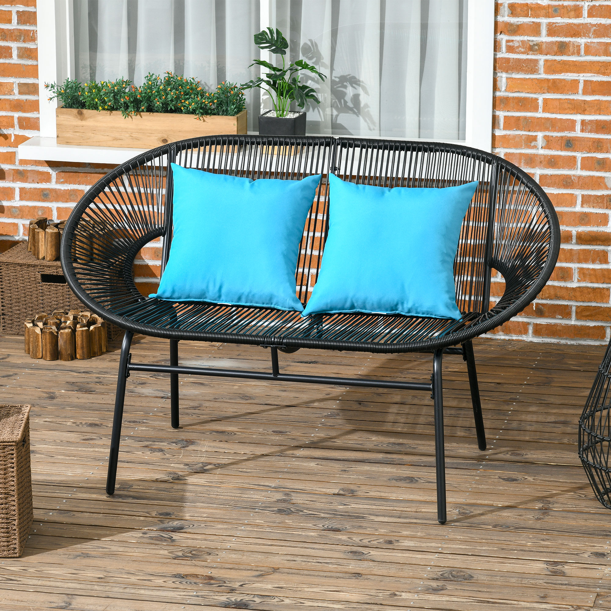 Outsunny Gartenbank 2-Sitzer aus Metall und PE-Rattan-Seil mit 2 Kissen - Abmessungen 132L x 72B x 83H cm - Schwarz