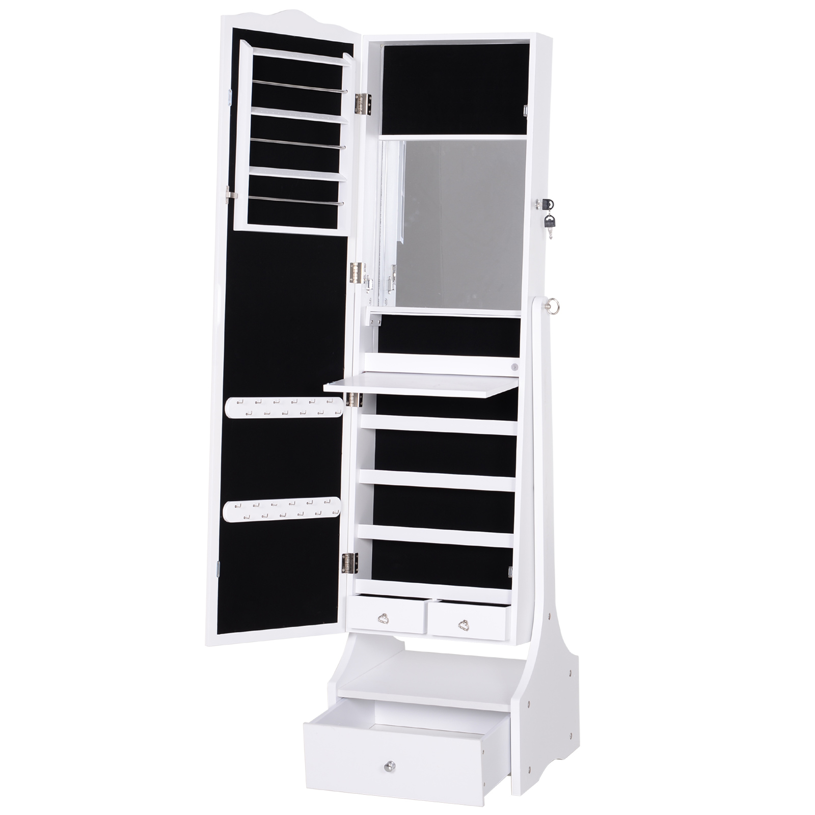 HOMCOM LED Schmuckschrank mit Spiegel und Schubladensockel Schmuck- und Accessoire-Organizer 45x36x150 cm