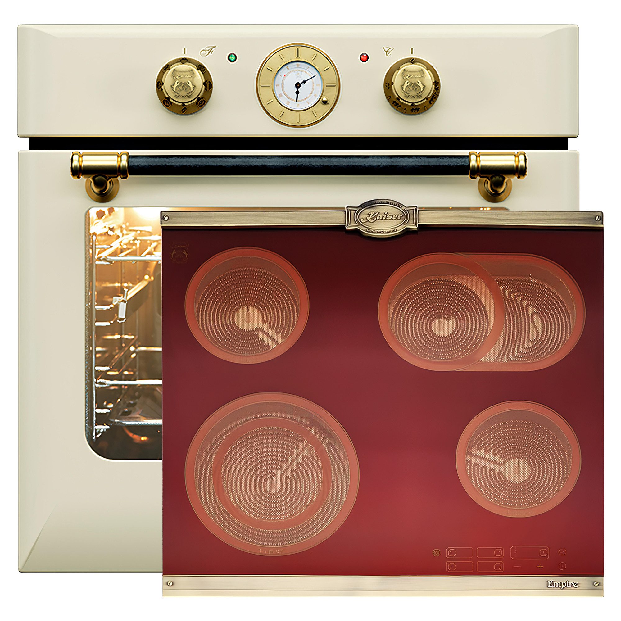 Backofen-Set Herd Set Autark Retro Einbau Backofen Elektro, 68 L mit Glaskeramik Kochfeld 60cm Einbau Herd 4 QuickHeat-Kochzonen Hi-Light EH 6432 ElfBE +KCT 6185 RotEm