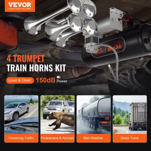VEVOR Zughupen-Set, 4 Trompeten-Lufthupen-Set, 150 dB Zughupen für Pickup-Trucks, 12 V 160 psi Luftkompressor, 10 L Tank mit Manometer für jedes 12 V Fahrzeug, Auto, LKW, Zug, Van, Boot usw.
