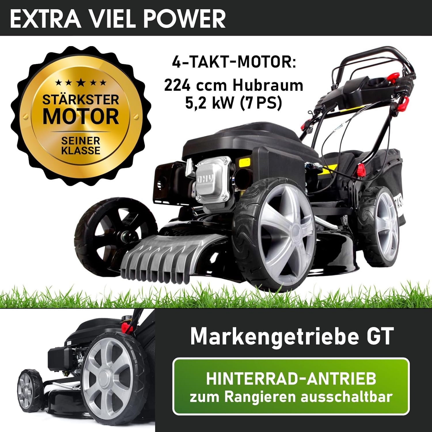 BRAST Benzin Rasenmäher mit Antrieb | 5,2kW(7PS) | Elektrostart | 48cm Schnittbreite | viele Modelle | TÜV | 4 Takt OHV Motor | 30-80mm Schnitthöhe | 60L Fangkorb | Stahlgehäuse | 19224 ESTART Speed