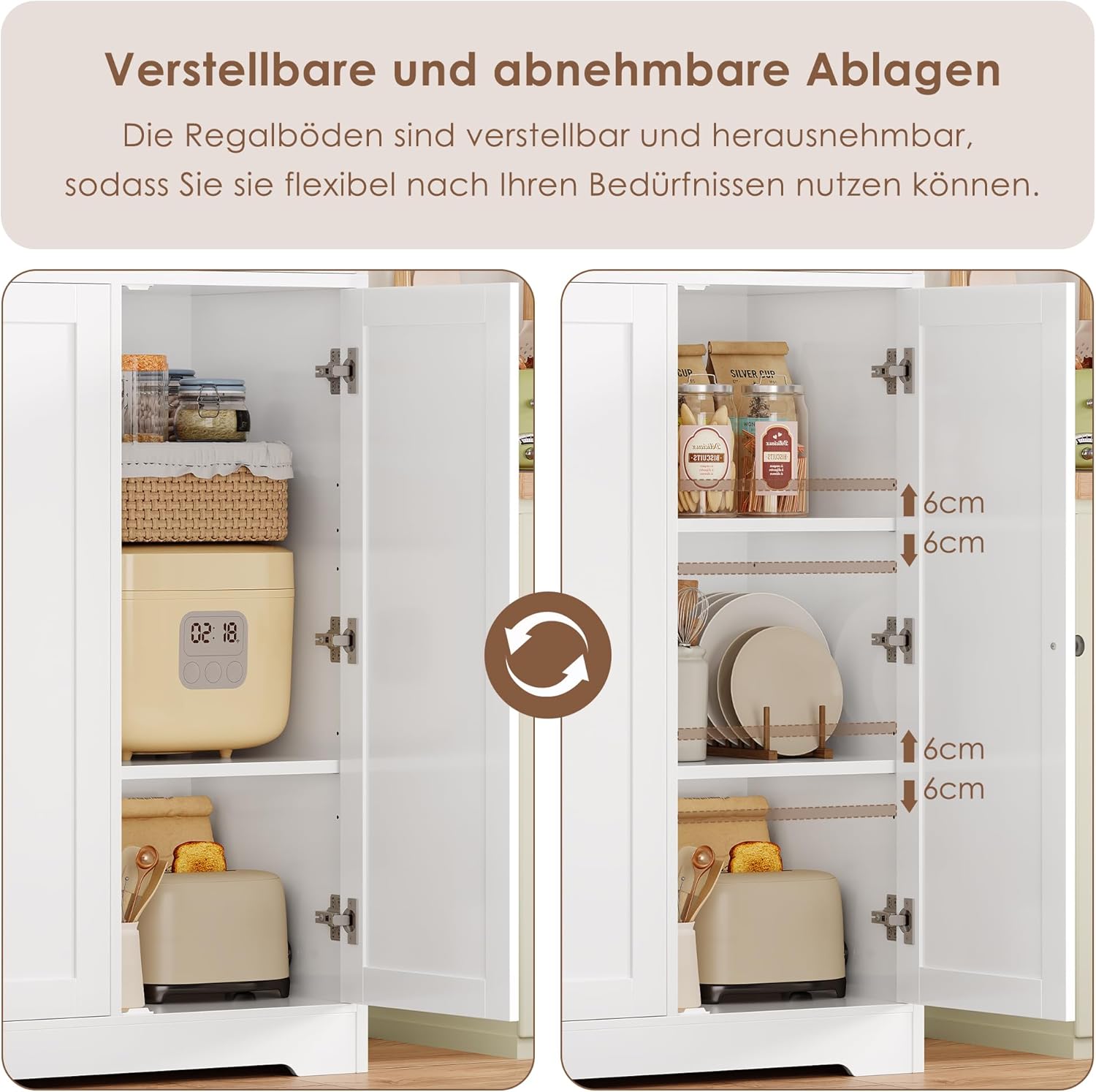 FirFurd Küchenschrank, 180 cm Mehrzweckschrank Vorratsschrank, Buffetschrank mit 6 Türen und verstellbaren Einlegeböden, Allzweckschrank für Küche Wohnzimmer Eingangsbereich, 180x106x37 cm, weiß