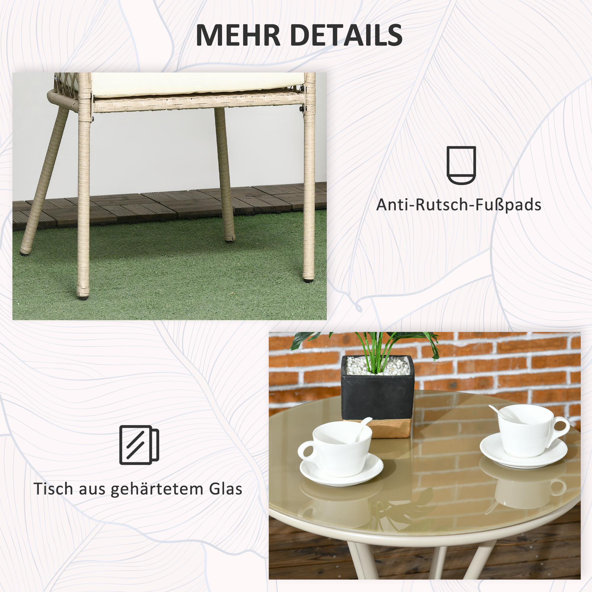 Rattan Tuinmeubelset, 2 Stoelen en Tafel, Gehard Glas Tafelblad, PE Rattan, Zitkussens, Metalen Frame, Khaki