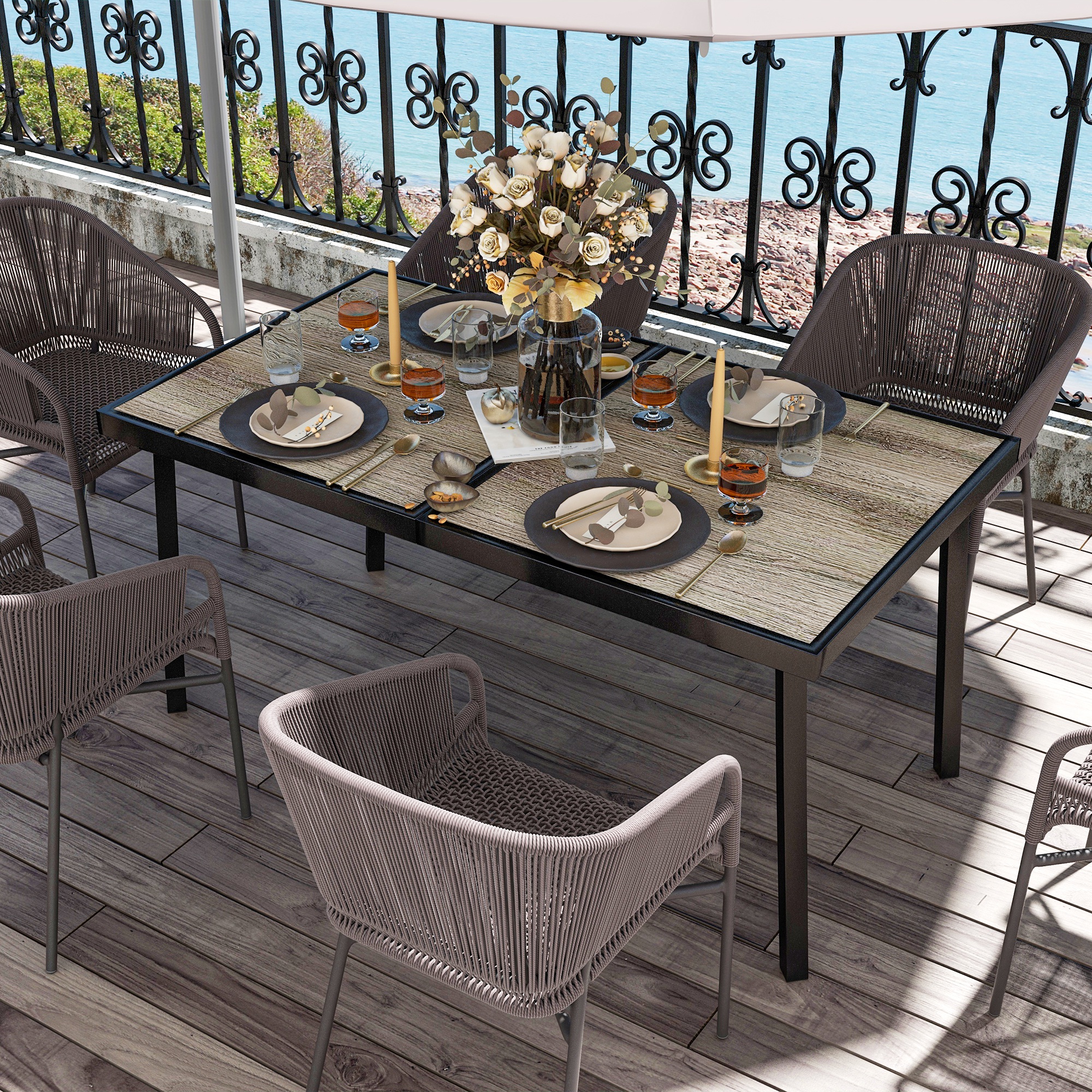 Outsunny Outdoor Tisch für 6 Personen, Holzoptik, Metallrahmen, wetterfest, 145 x 85 x 72 cm, Grau