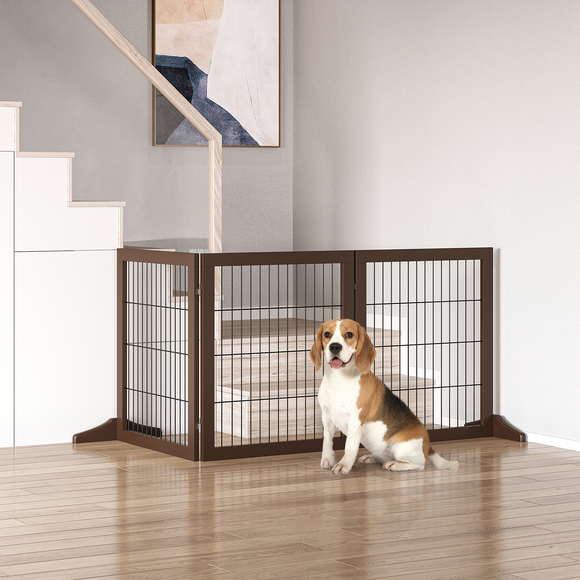 PawHut Absperrgitter für Hunde Schutzgitter Hundegitter mit Stützfüßen Treppengitter Hundeabsperrgitter Türschutzgitter für Kamin & Ofen, Kiefernholz Braun 185 x 36 x 71 cm