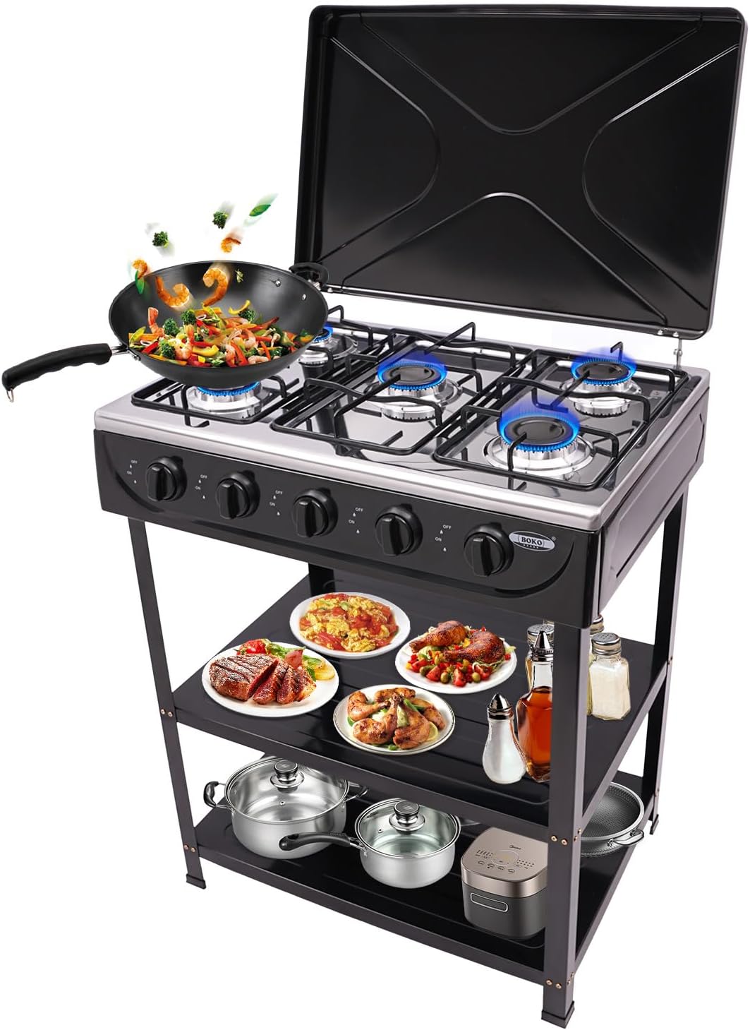 HarBin-Star Piano Cottura a Gas 5 Fuochi con Supporto Antiscivolo, Carrello per Barbecue con Coperchio, Fornello Indipendente da Campeggio, 61,5 x 42,5 x 82 cm (Nero)