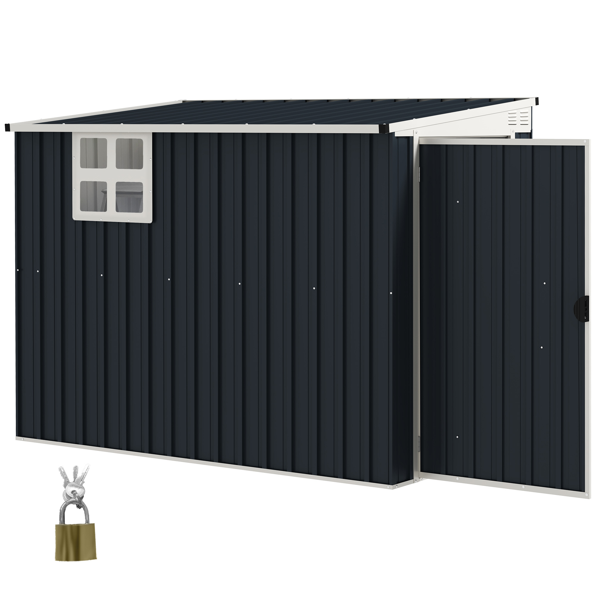 Outsunny Gartenlagerschuppen, Werkzeugschuppen für Gartengeräte, Fenster, Lüftungsöffnungen, abschließbar, Stahl, Dunkelgrau