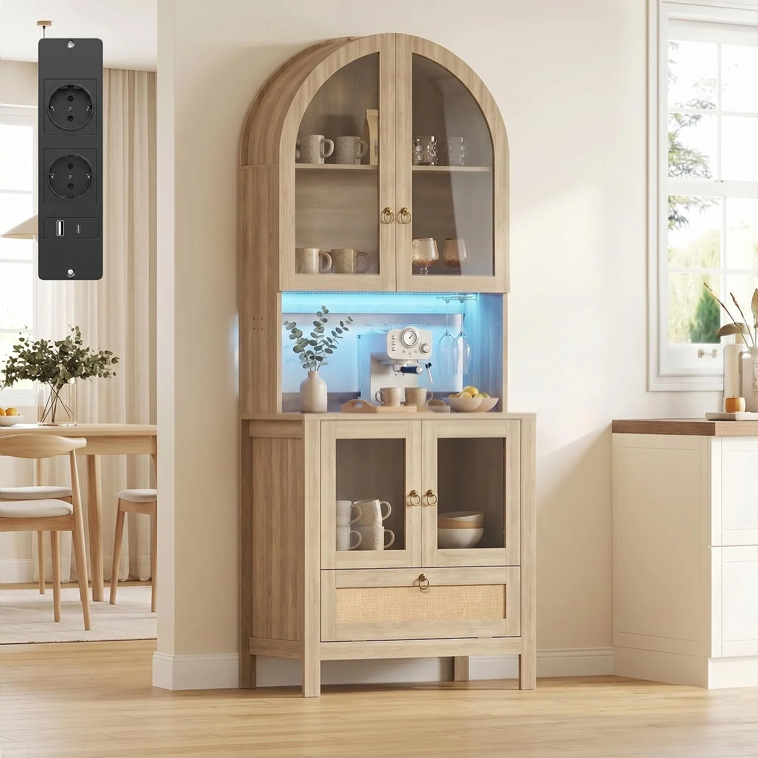 GRAVFORCE Küchenschrank mit Arbeitsplatte und Steckdose – 190cm Buffetschrank mit LED Sideboard Küche Glastür verstellbaren Böden Vorratsschrank